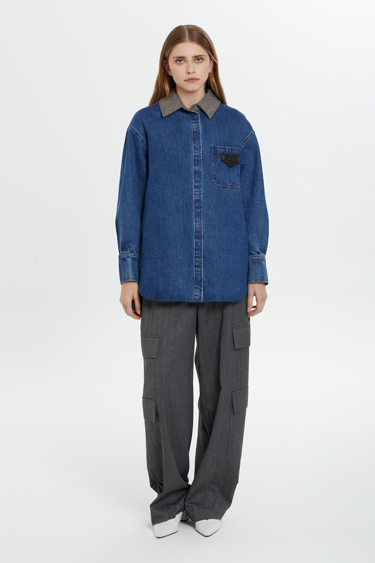 Contrast-Collar Denim Shirt