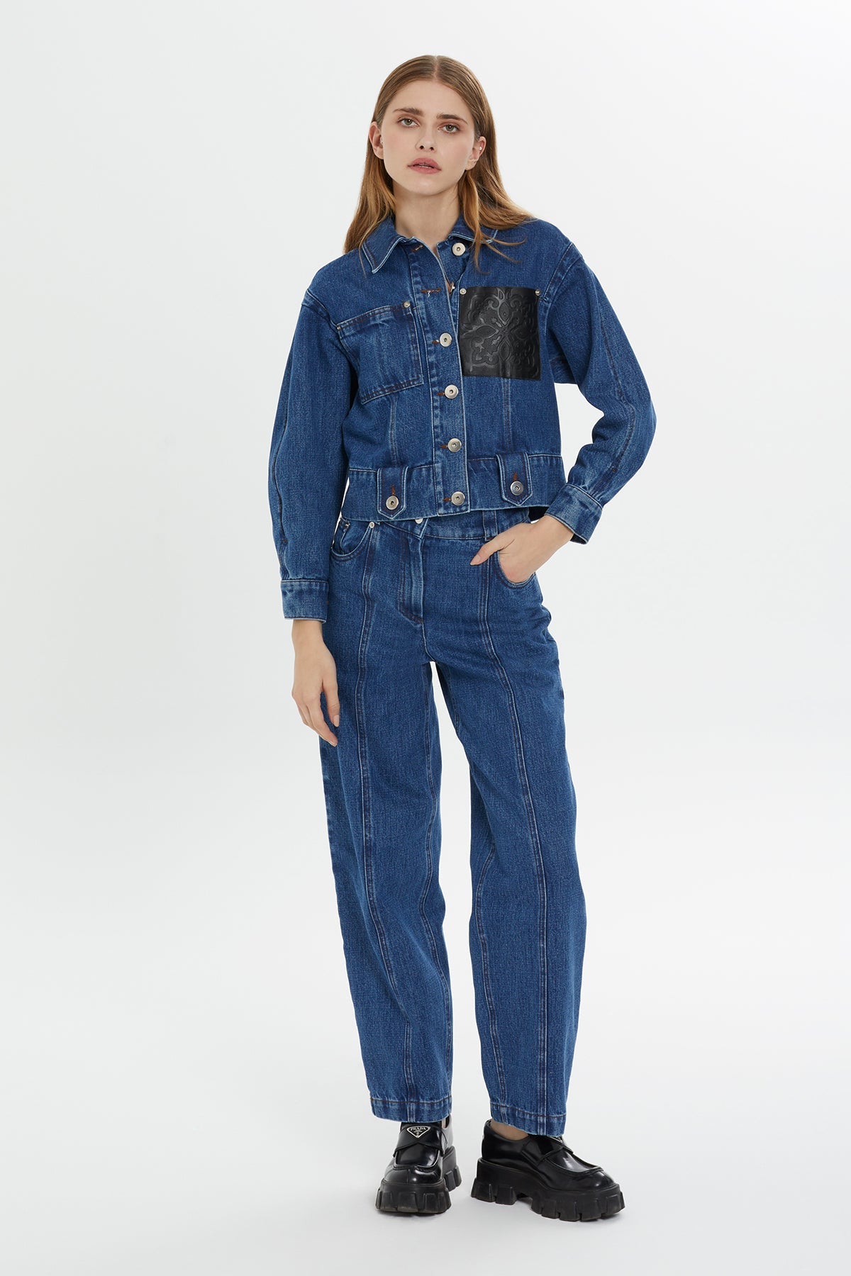 Leather-Detail Cropped Denim Jacket