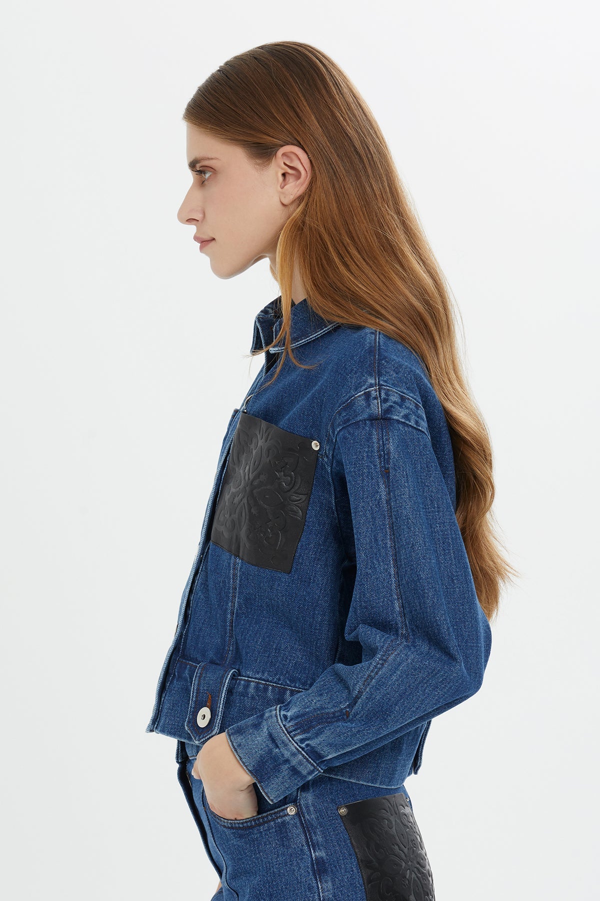 Leather-Detail Cropped Denim Jacket