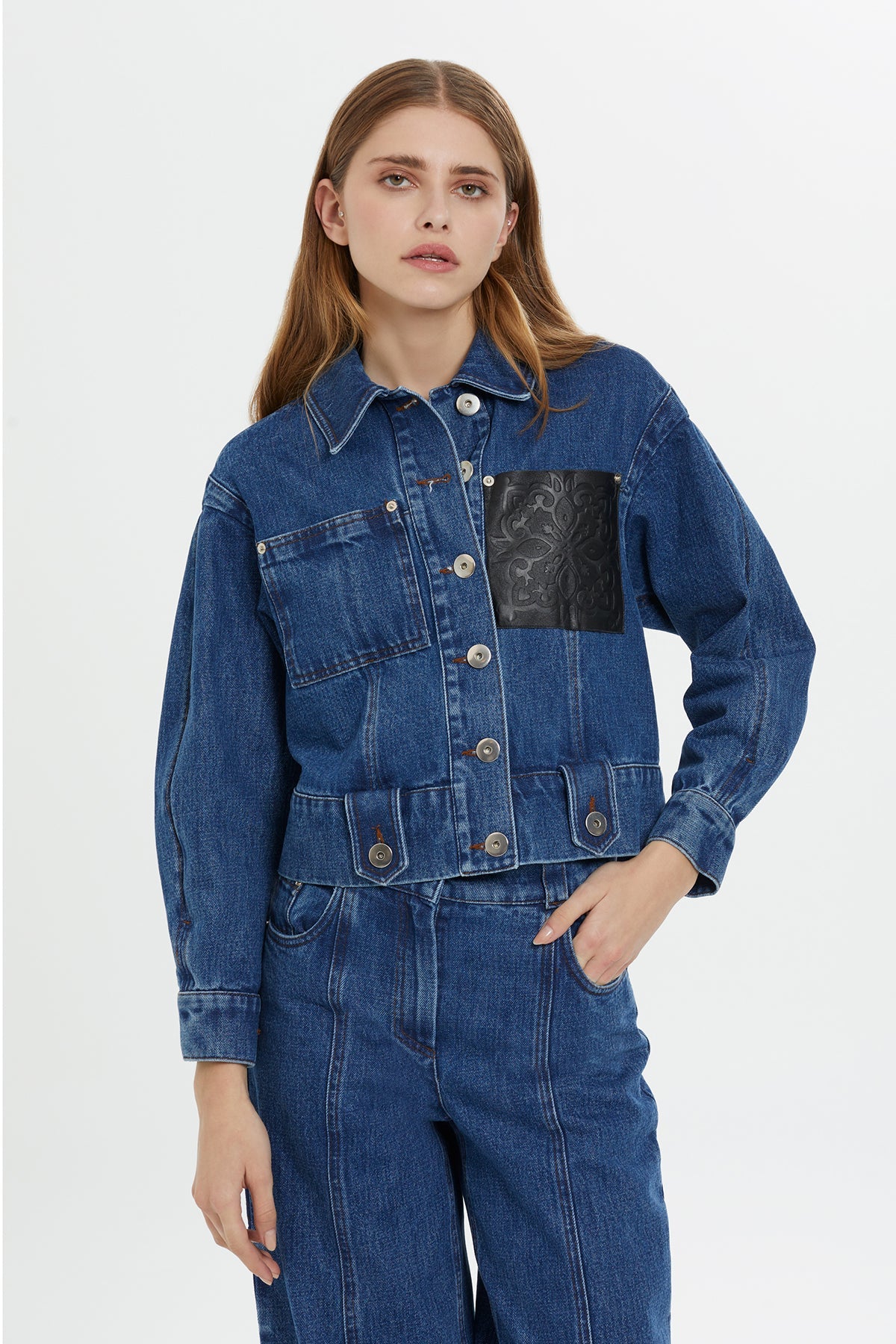 Leather-Detail Cropped Denim Jacket
