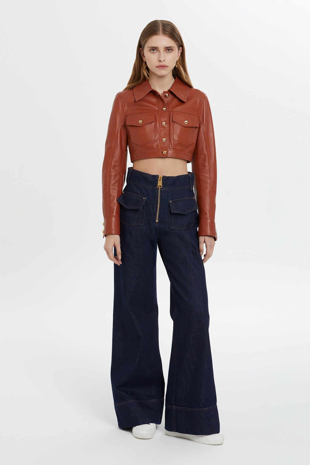 Red Button-Detail Cropped Leather Jacket