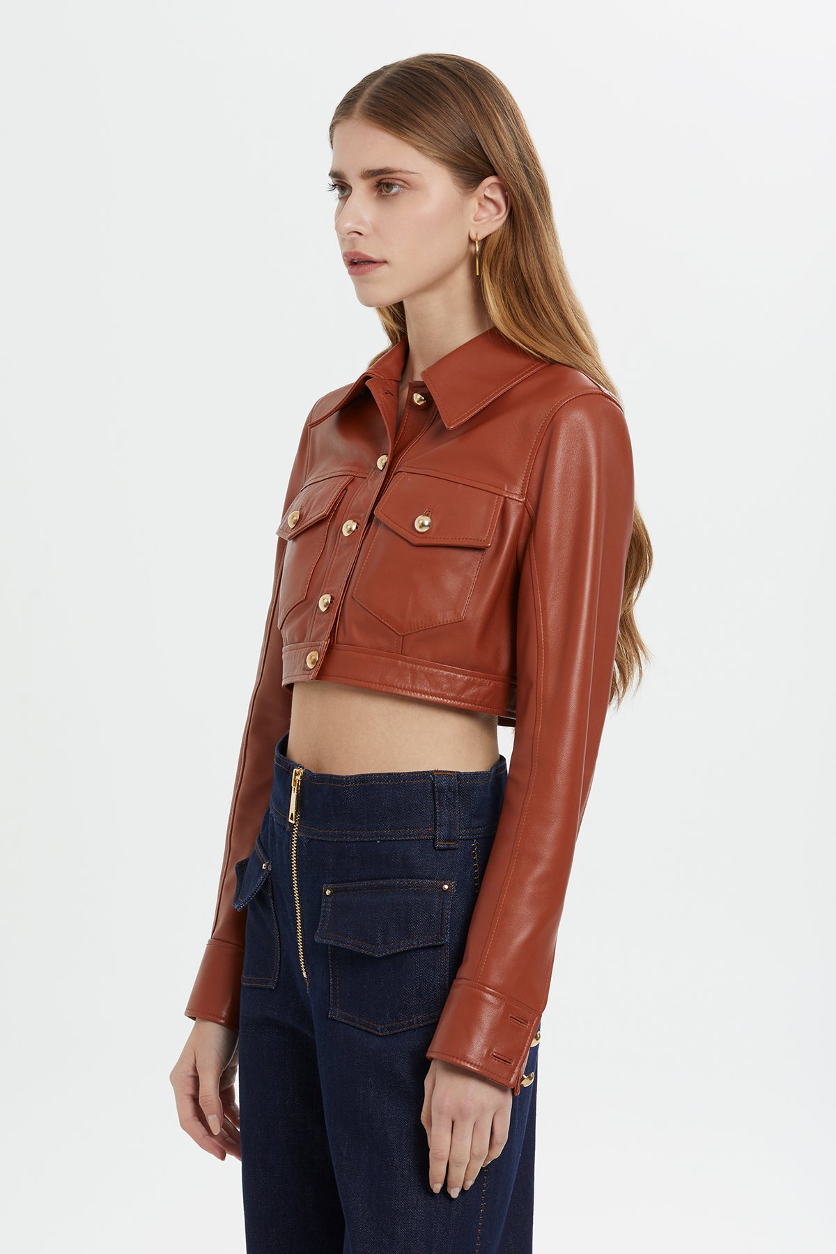 Red Button-Detail Cropped Leather Jacket