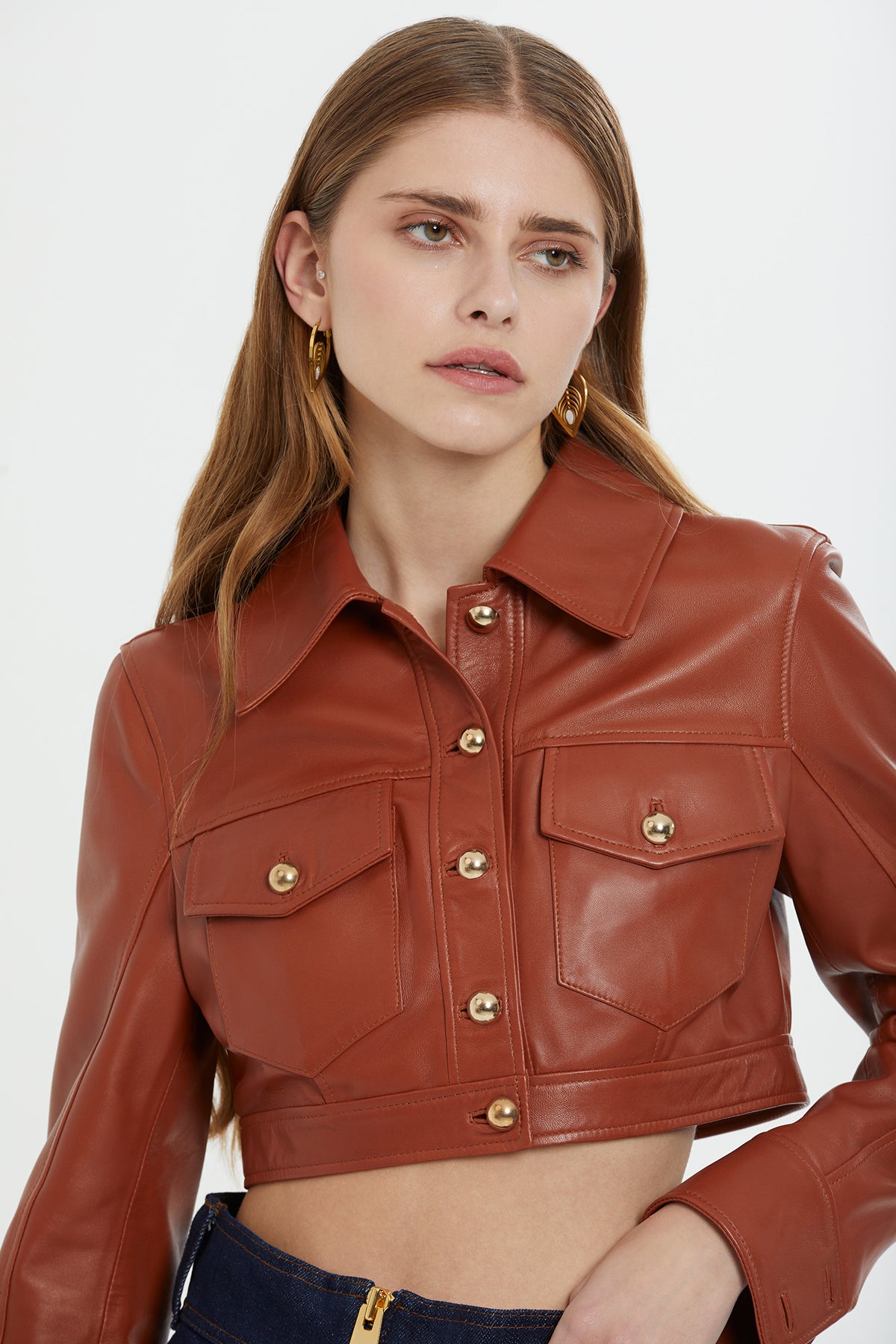 Red Button-Detail Cropped Leather Jacket