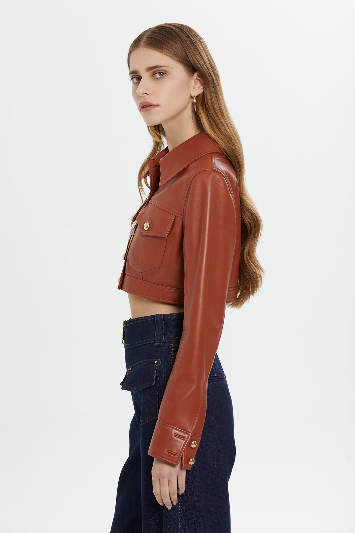 Red Button-Detail Cropped Leather Jacket