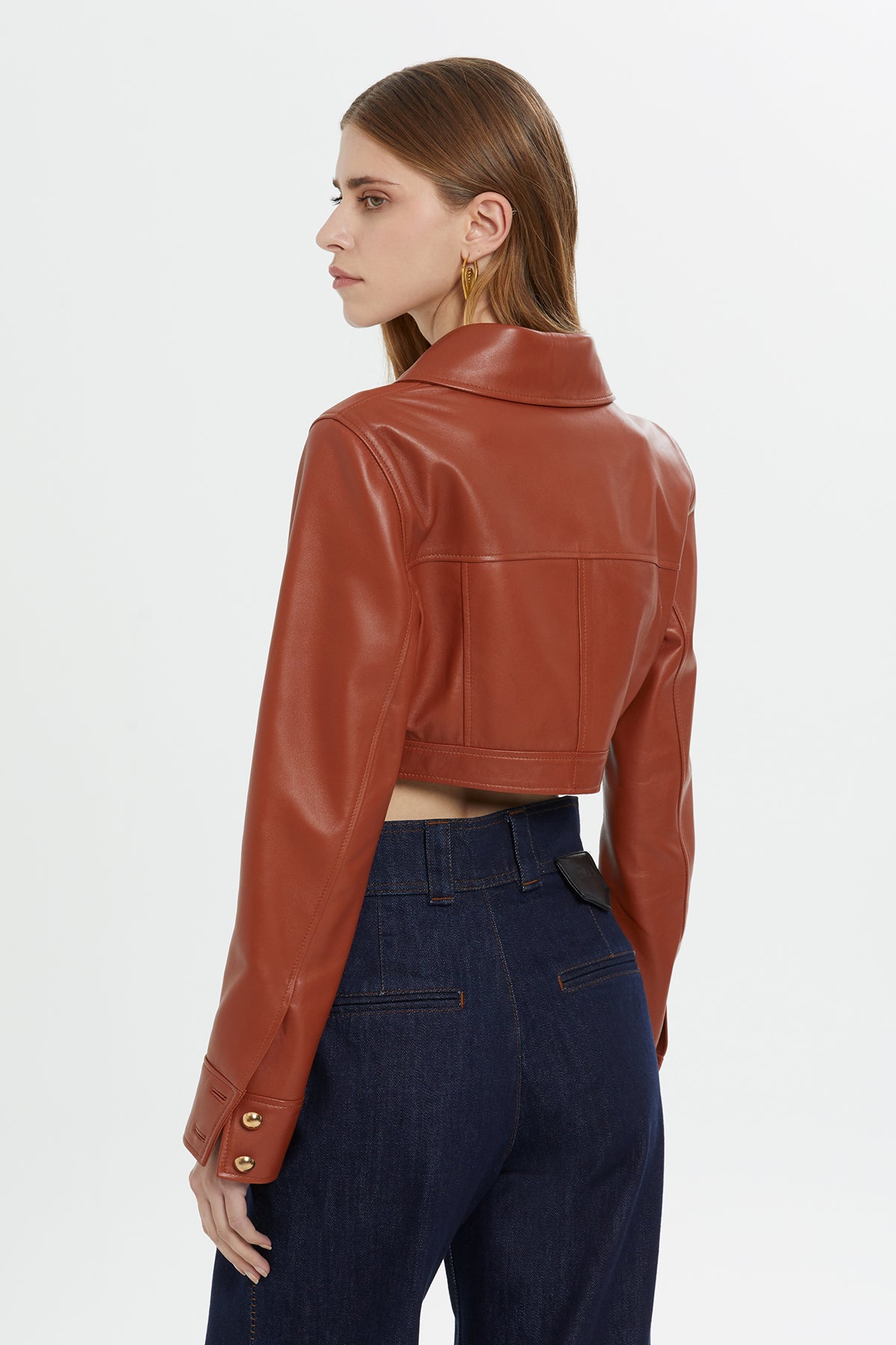 Red Button-Detail Cropped Leather Jacket