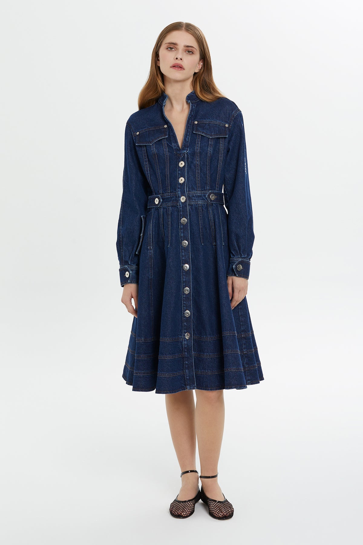 Blue Long-Sleeve Denim Midi Dress