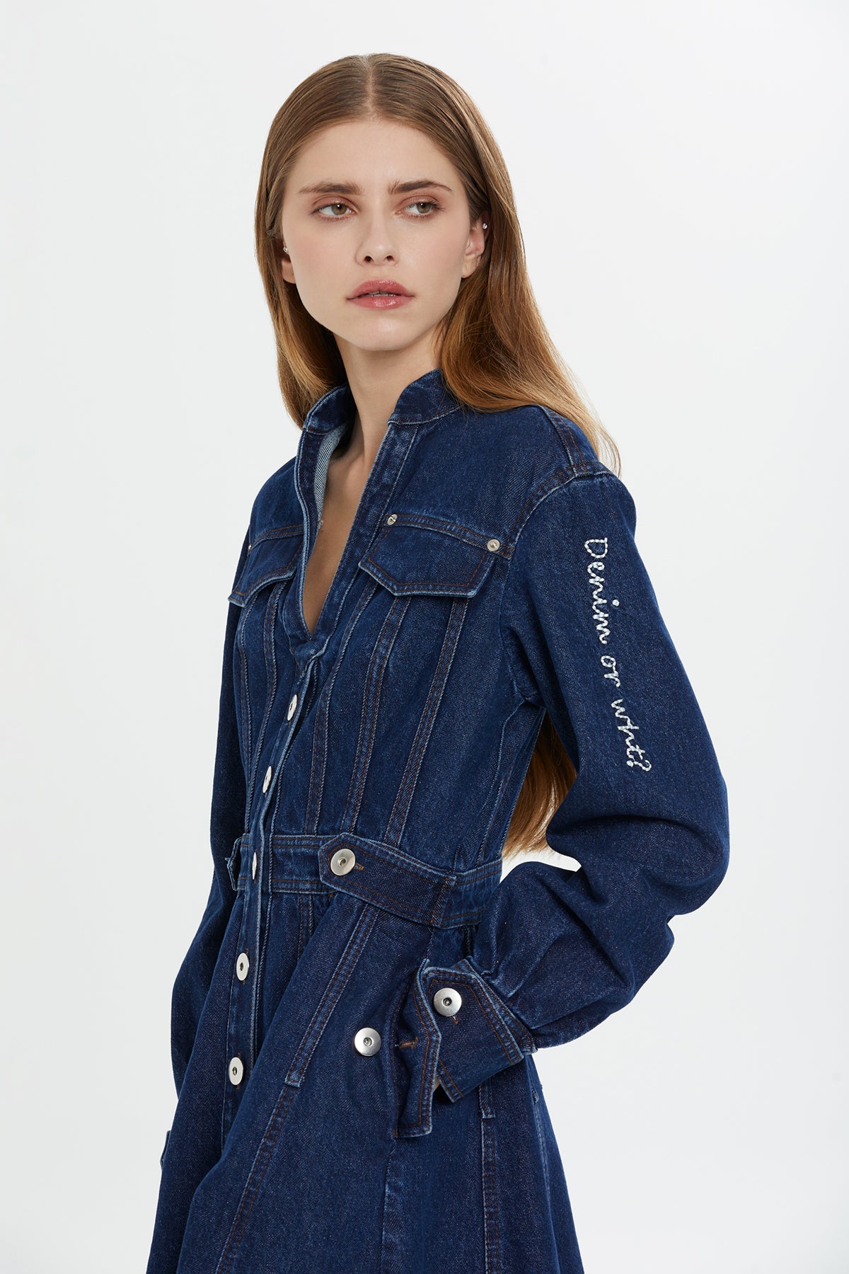 Blue Long-Sleeve Denim Midi Dress