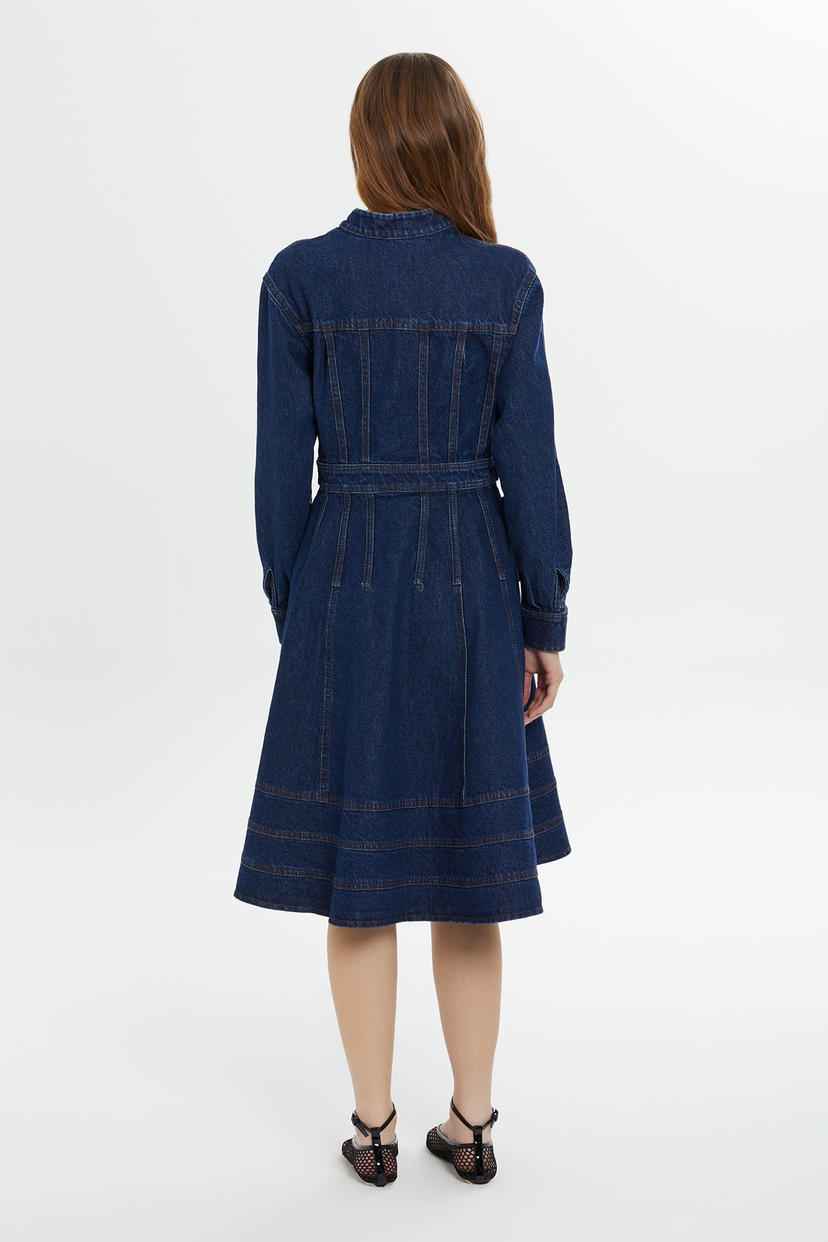 Blue Long-Sleeve Denim Midi Dress