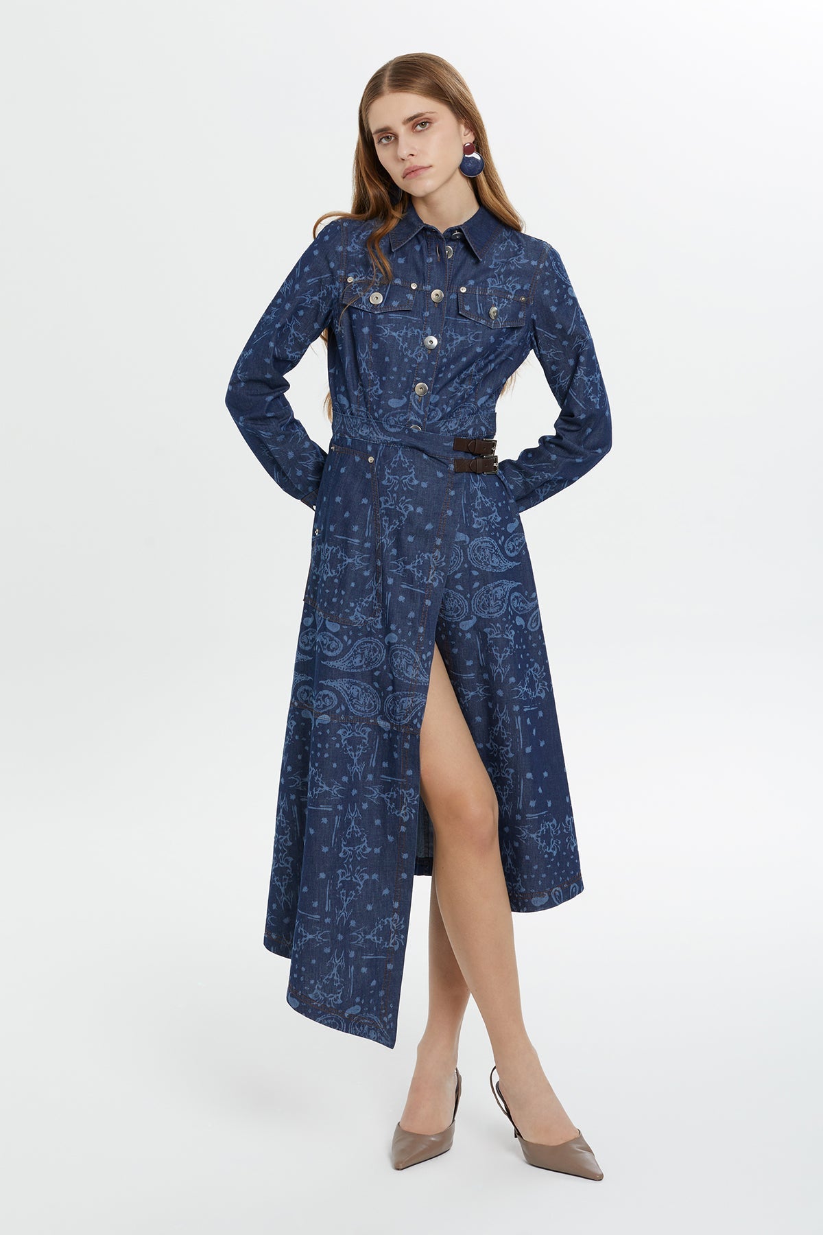 Blue Patterned Slit Midi Dress