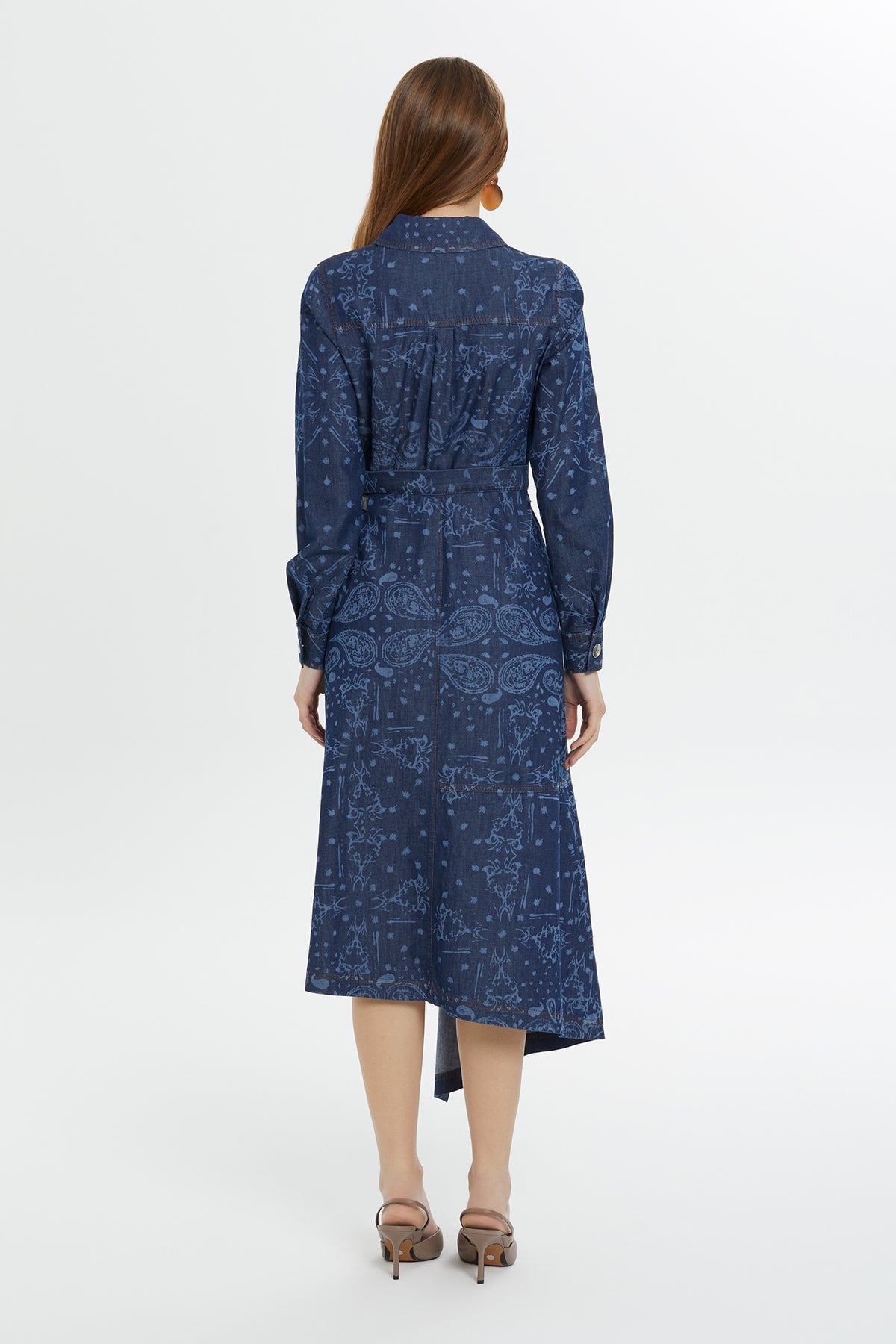 Blue Patterned Slit Midi Dress