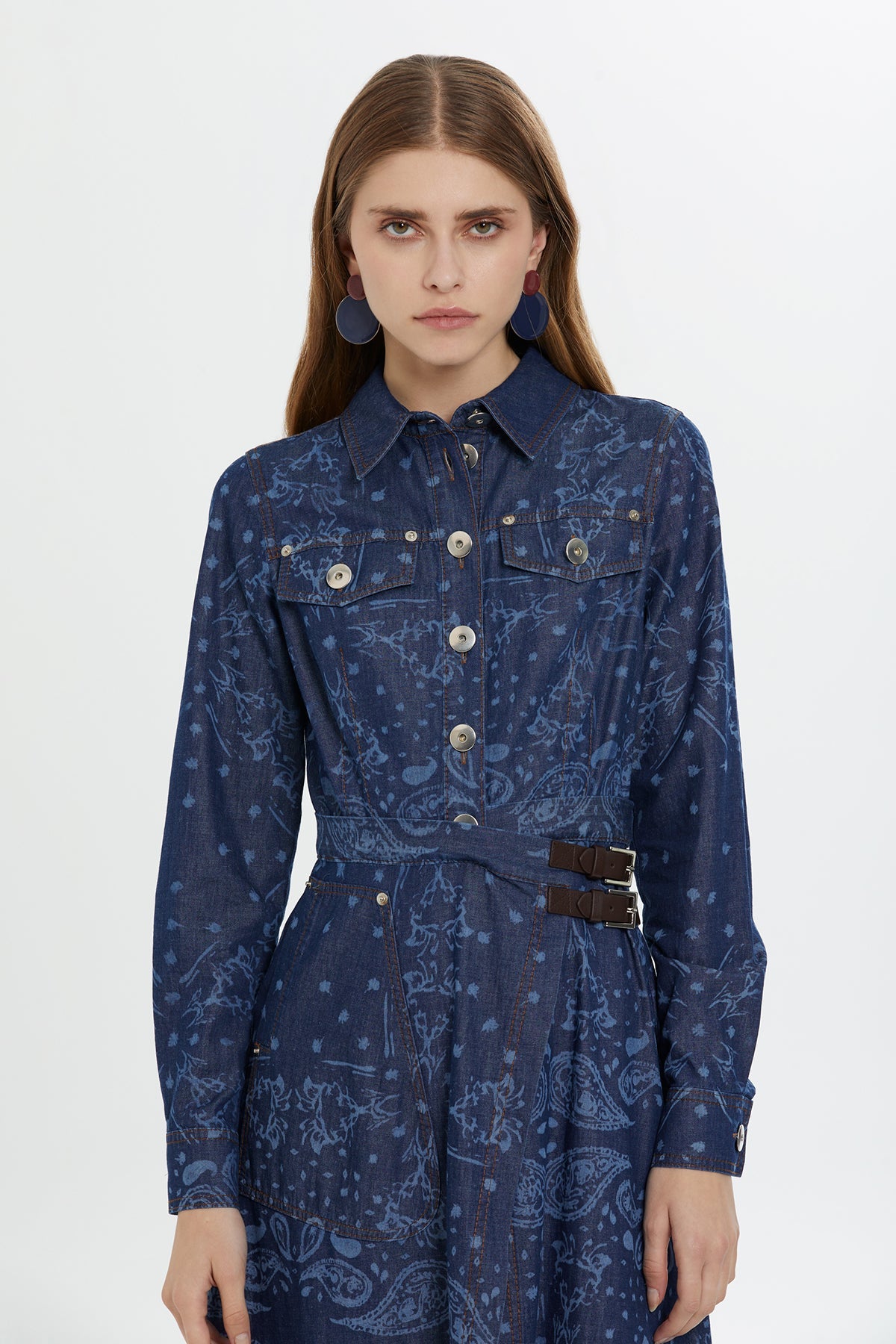 Blue Patterned Slit Midi Dress