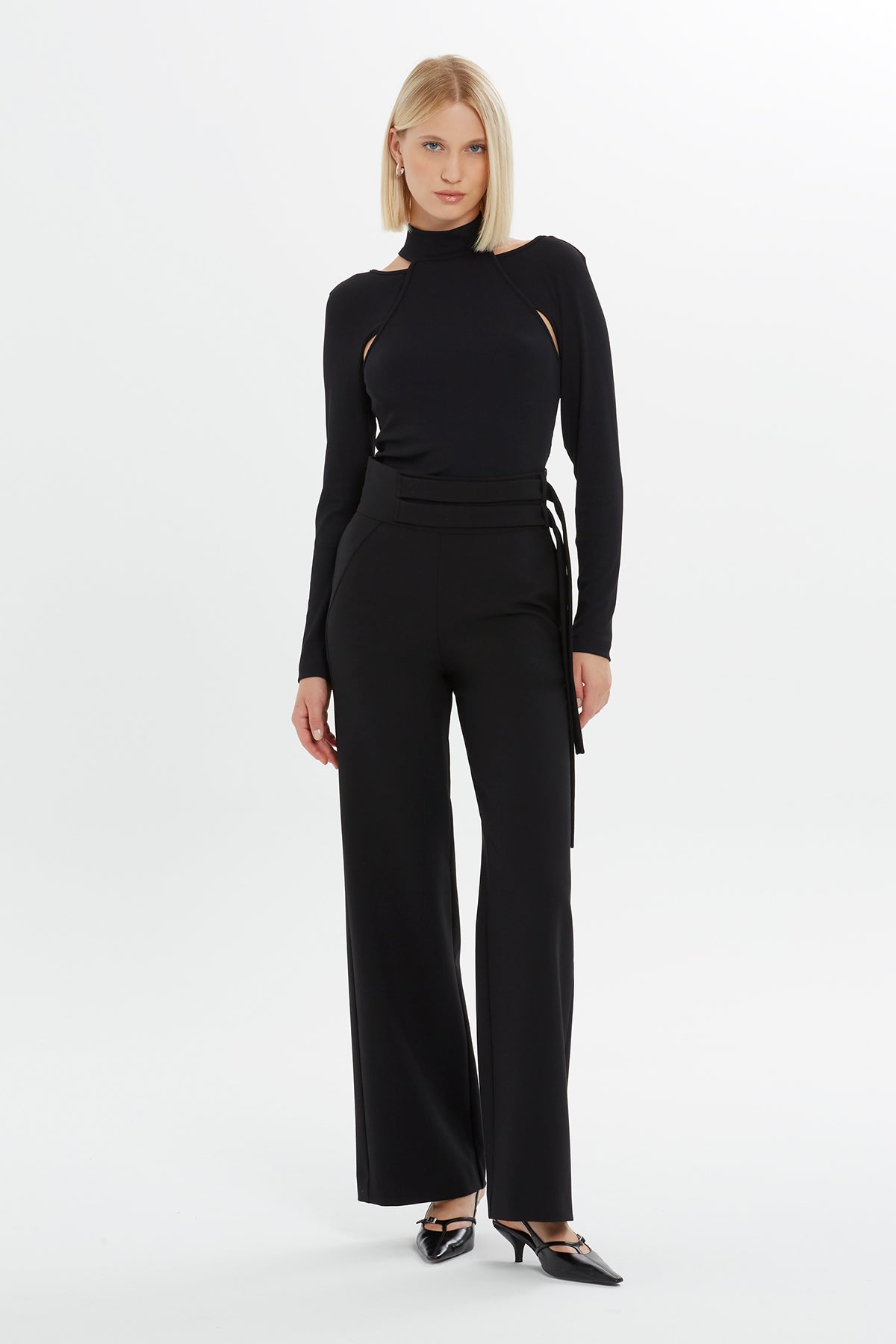 Black Wide-Leg Waist Detail Pants