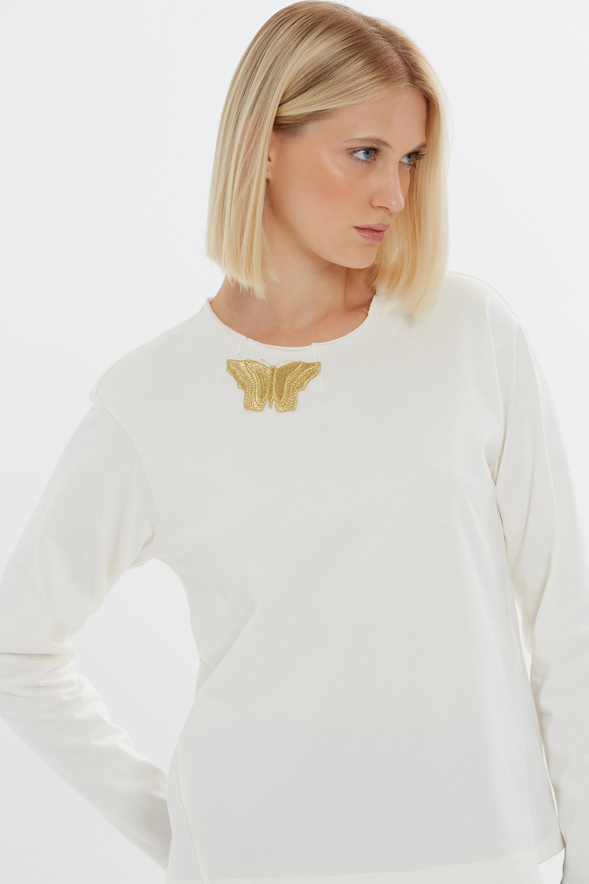 Ecru Butterfly Detail Long-Sleeve Blouse