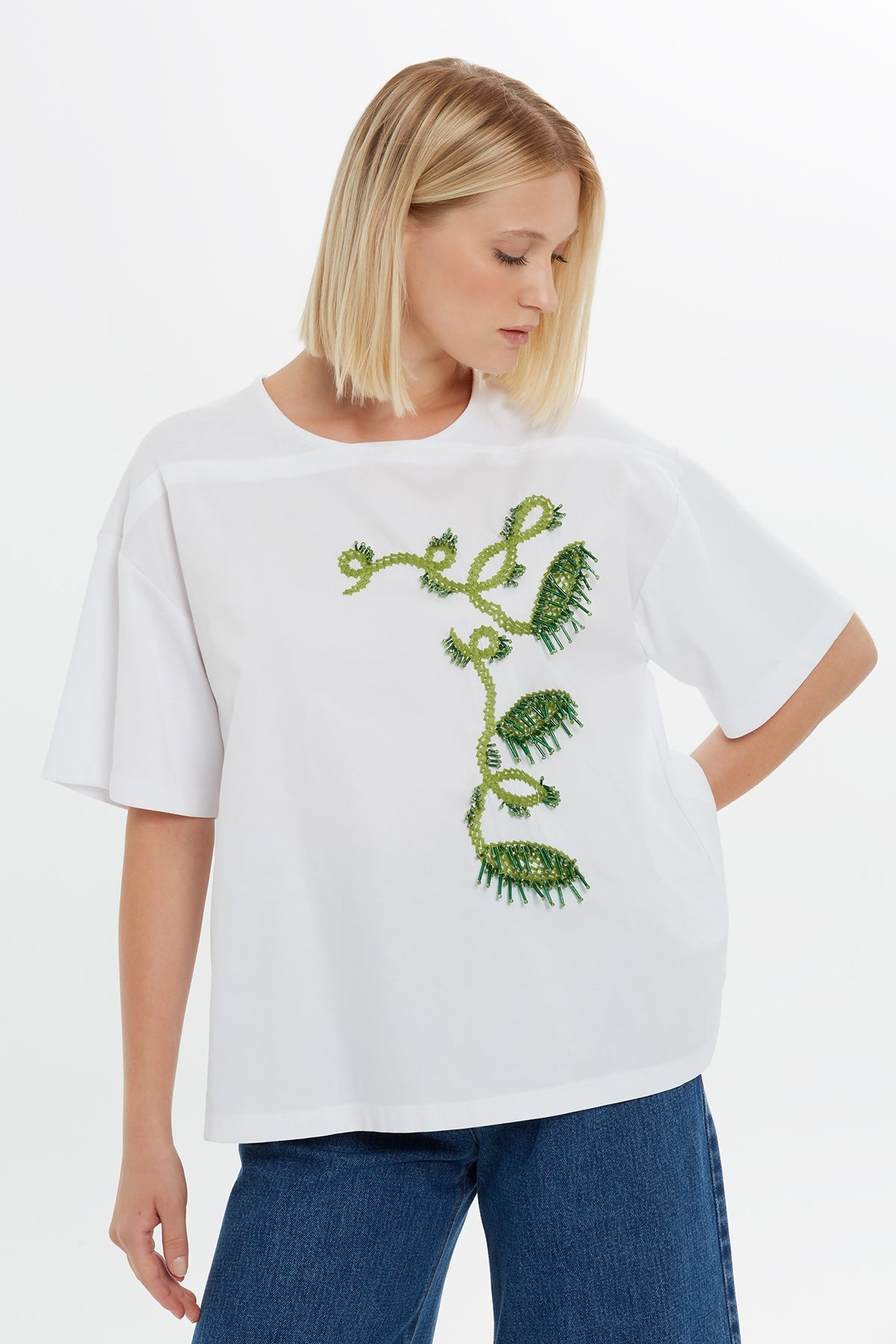 White Embroidery Detail Beaded Trim T-Shirt