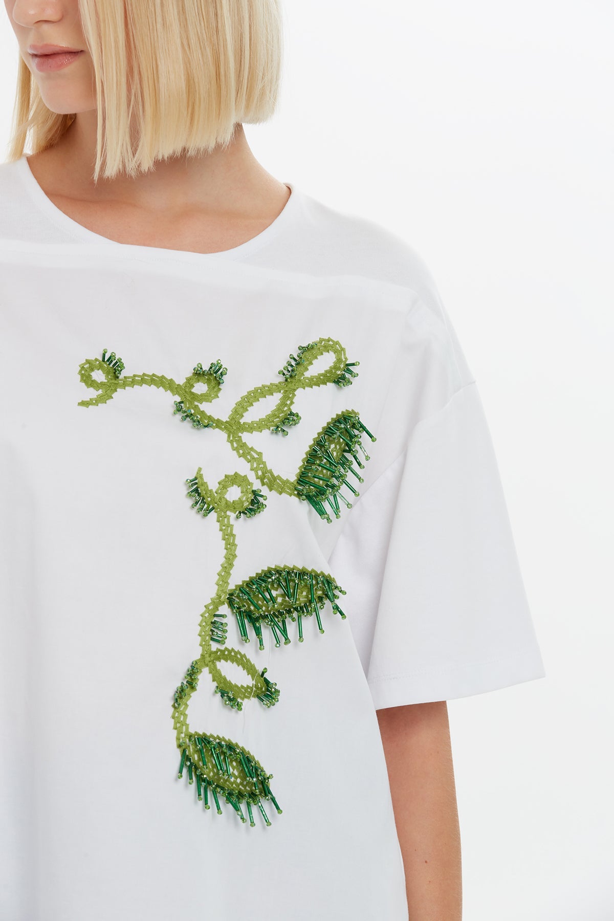 White Embroidery Detail Beaded Trim T-Shirt