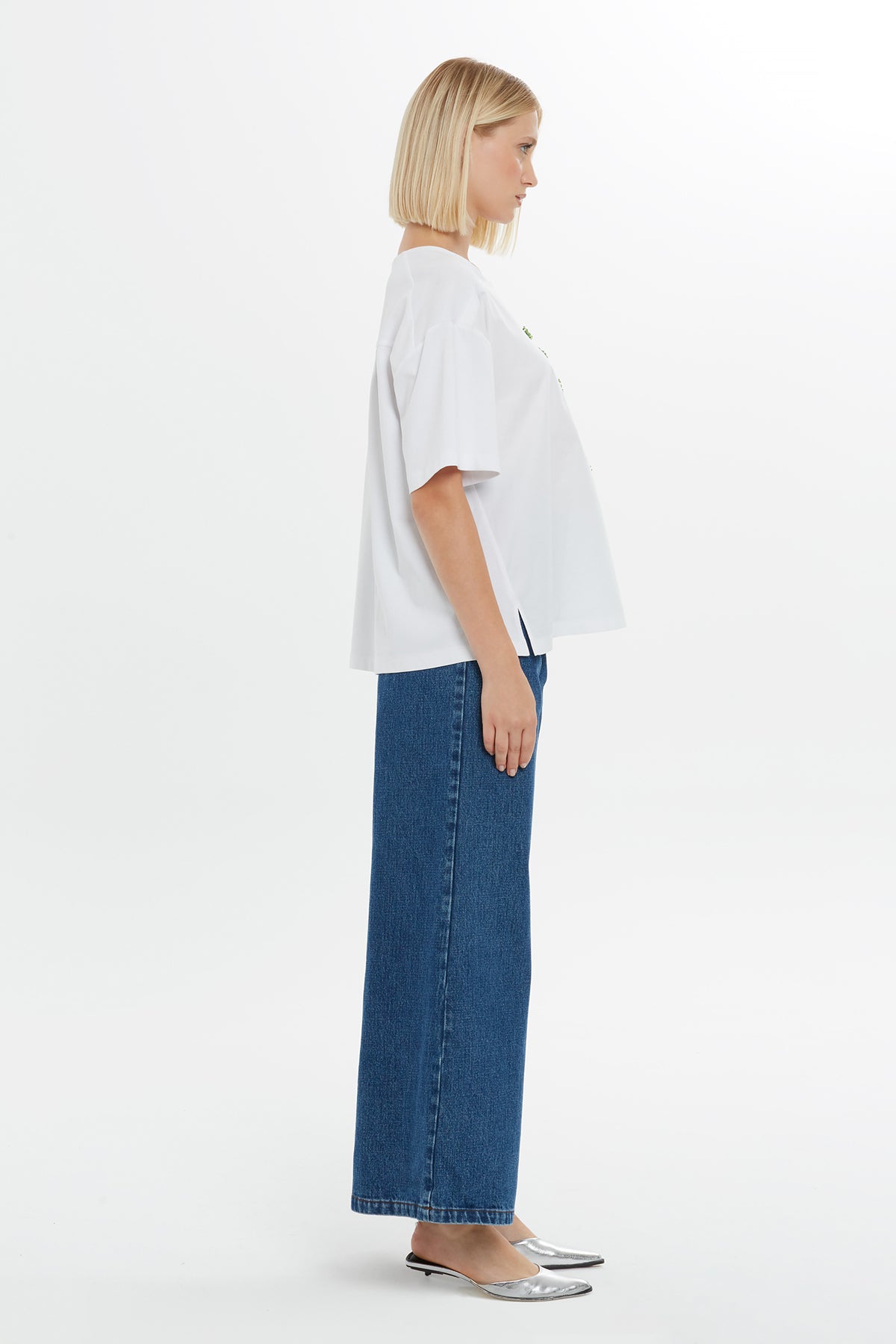 White Embroidery Detail Beaded Trim T-Shirt