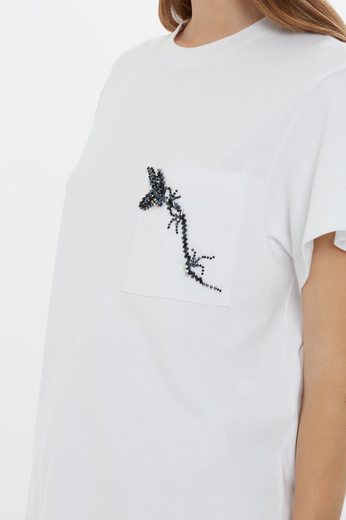 White Beaded Detail Pocket T-Shirt