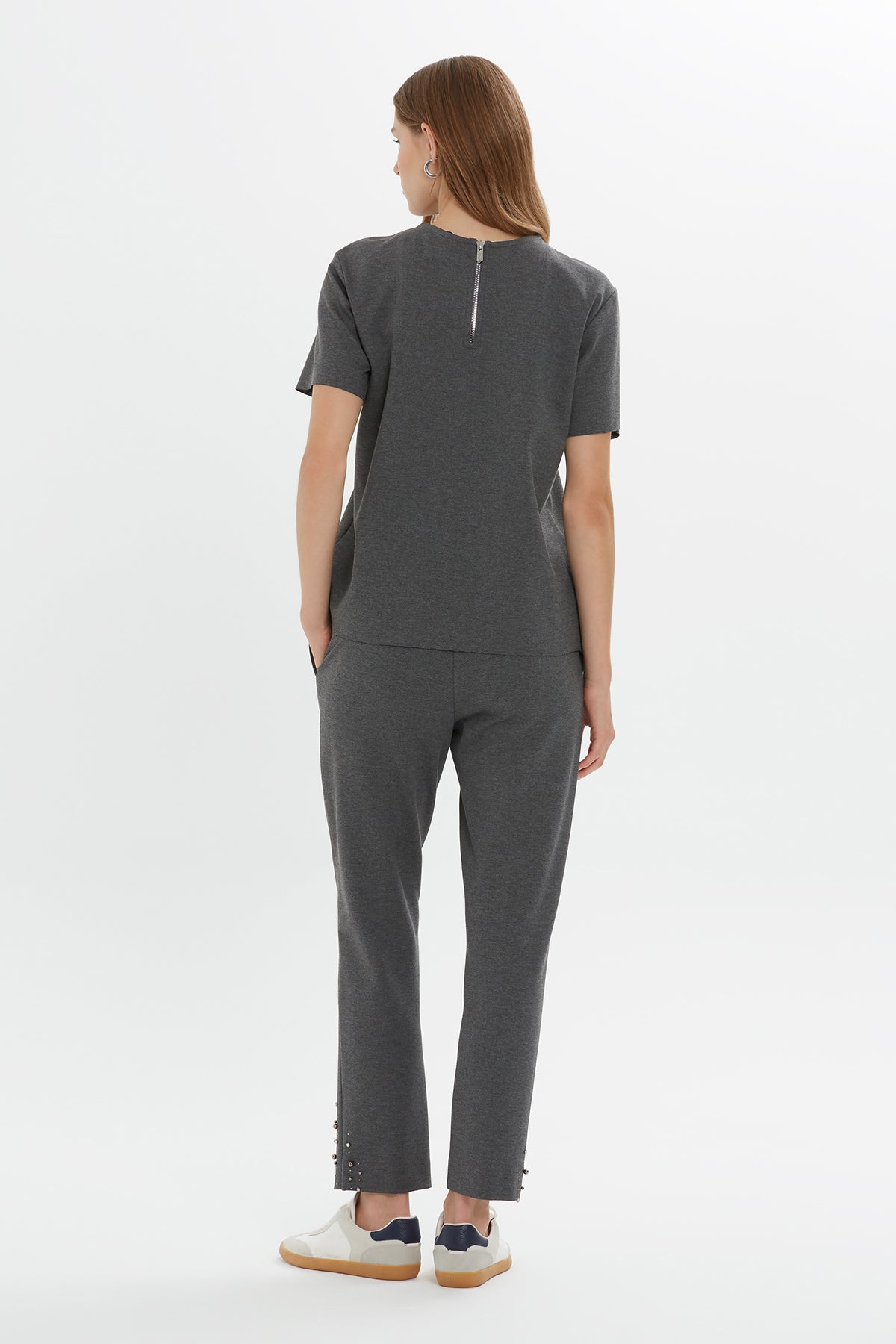 Grey Beaded Embroidered T-Shirt