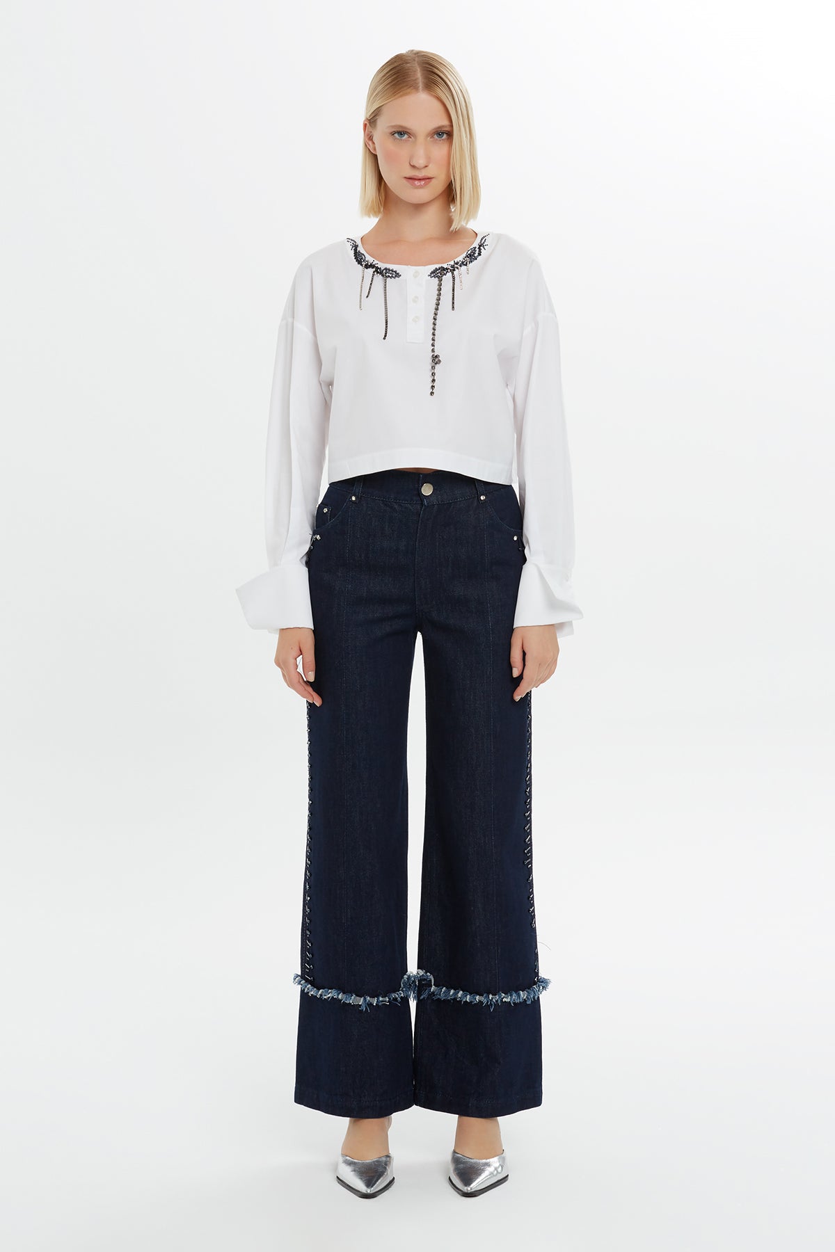 White Beaded Collar Detail Blouse