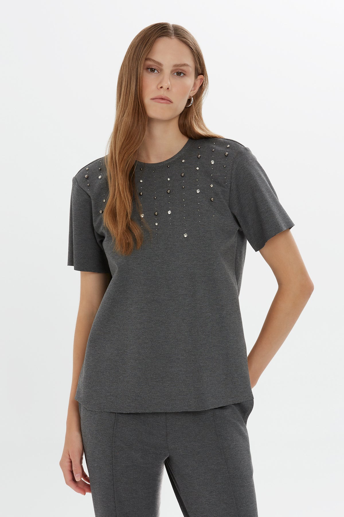 Grey Beaded Embroidered T-Shirt