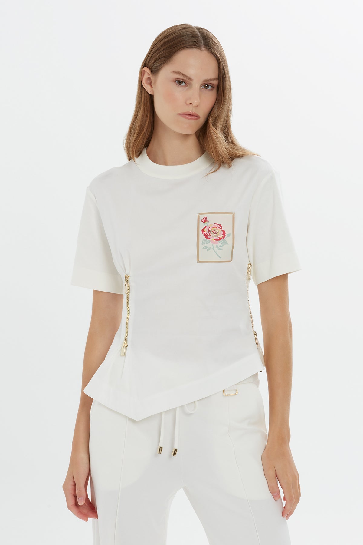 Ecru Zipper Detail T-Shirt