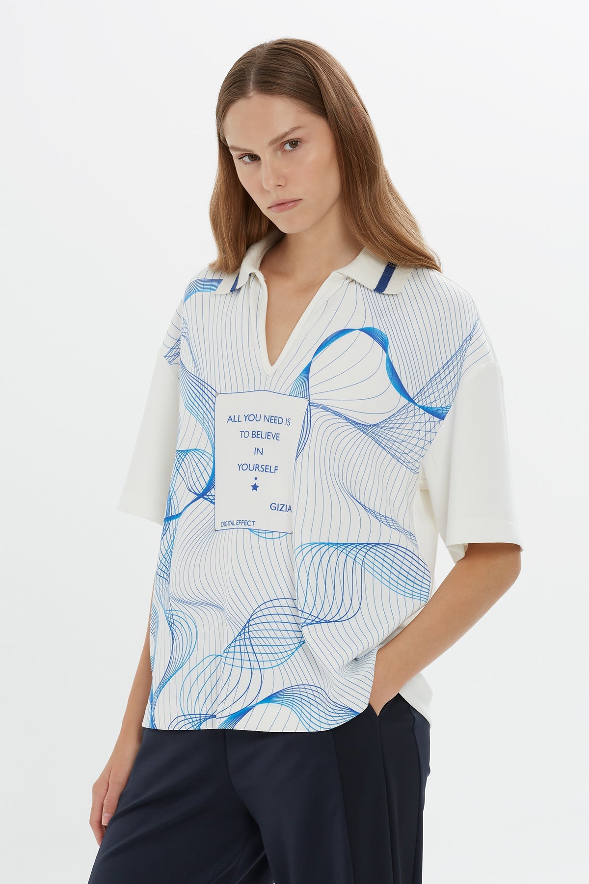 Ecru Graphic Print V Neck T-shirt