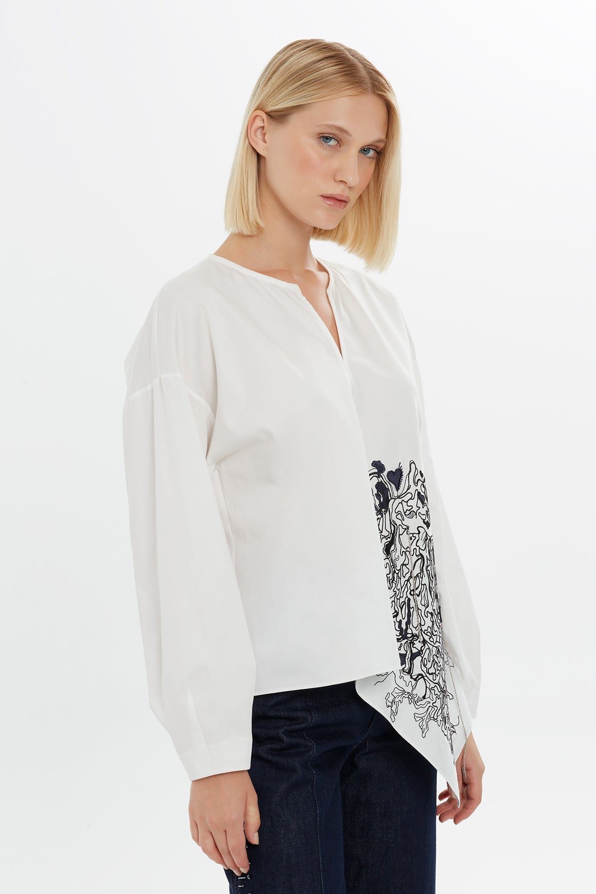 Ecru Embroidered Chain-Stitch V-Neck Blouse