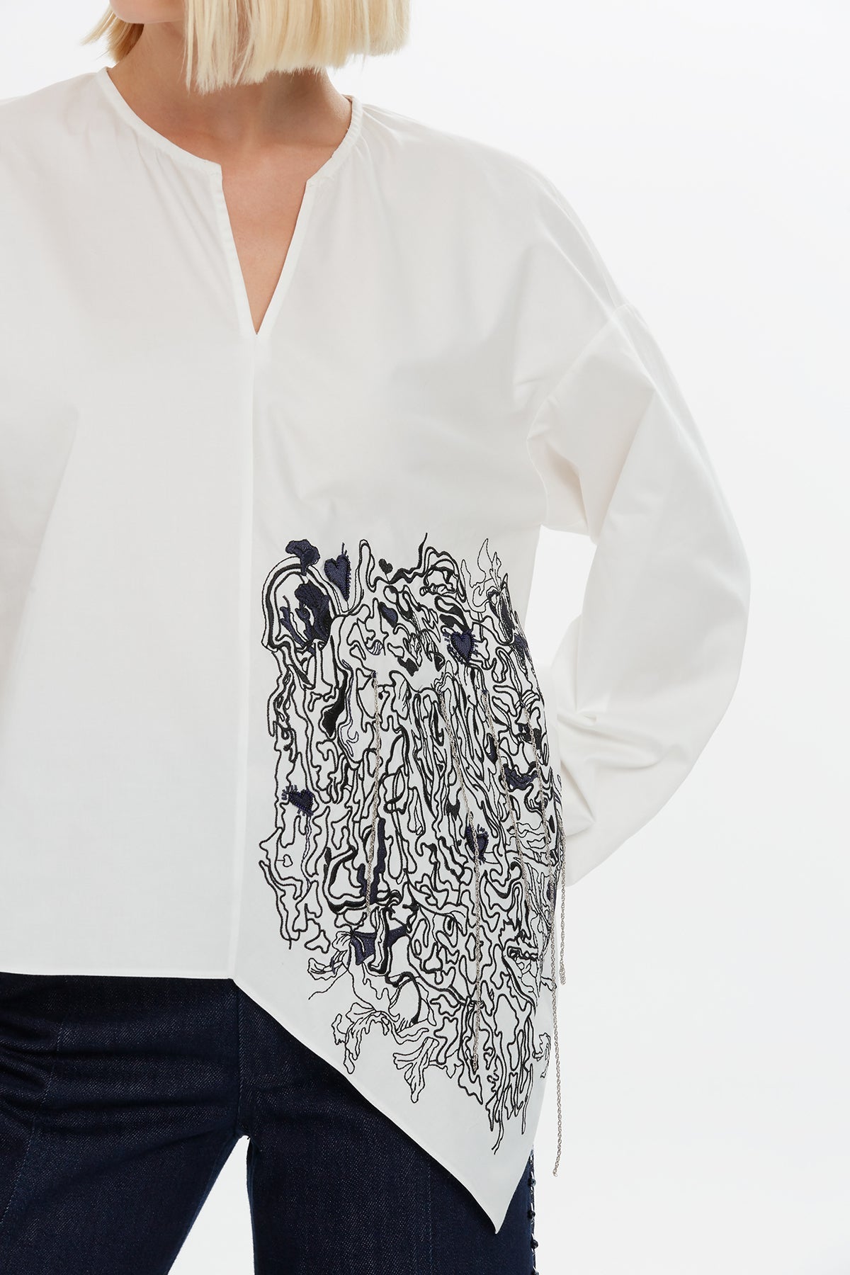 Ecru Embroidered Chain-Stitch V-Neck Blouse