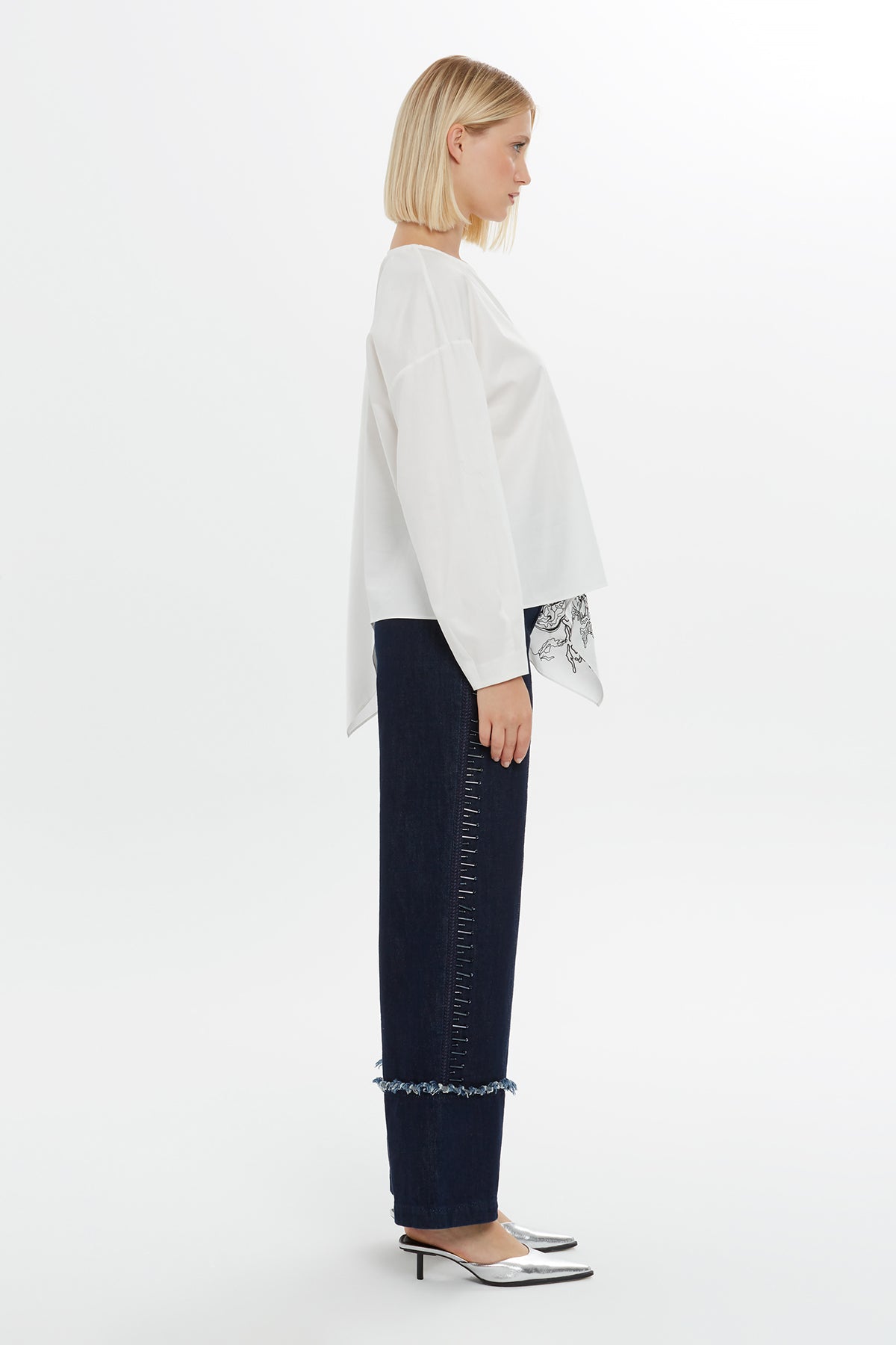 Ecru Embroidered Chain-Stitch V-Neck Blouse