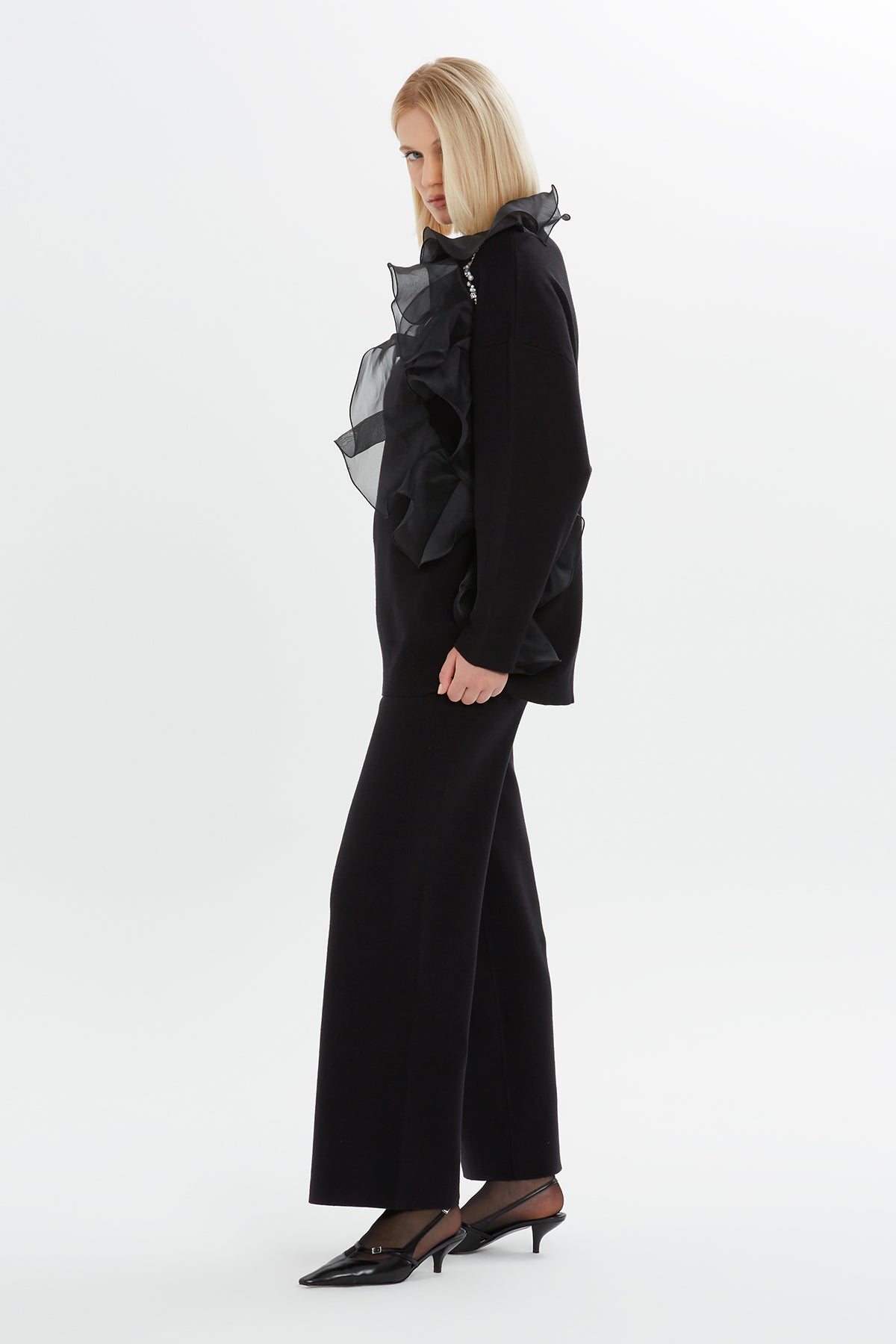 Black Ruffled Organza Sweater