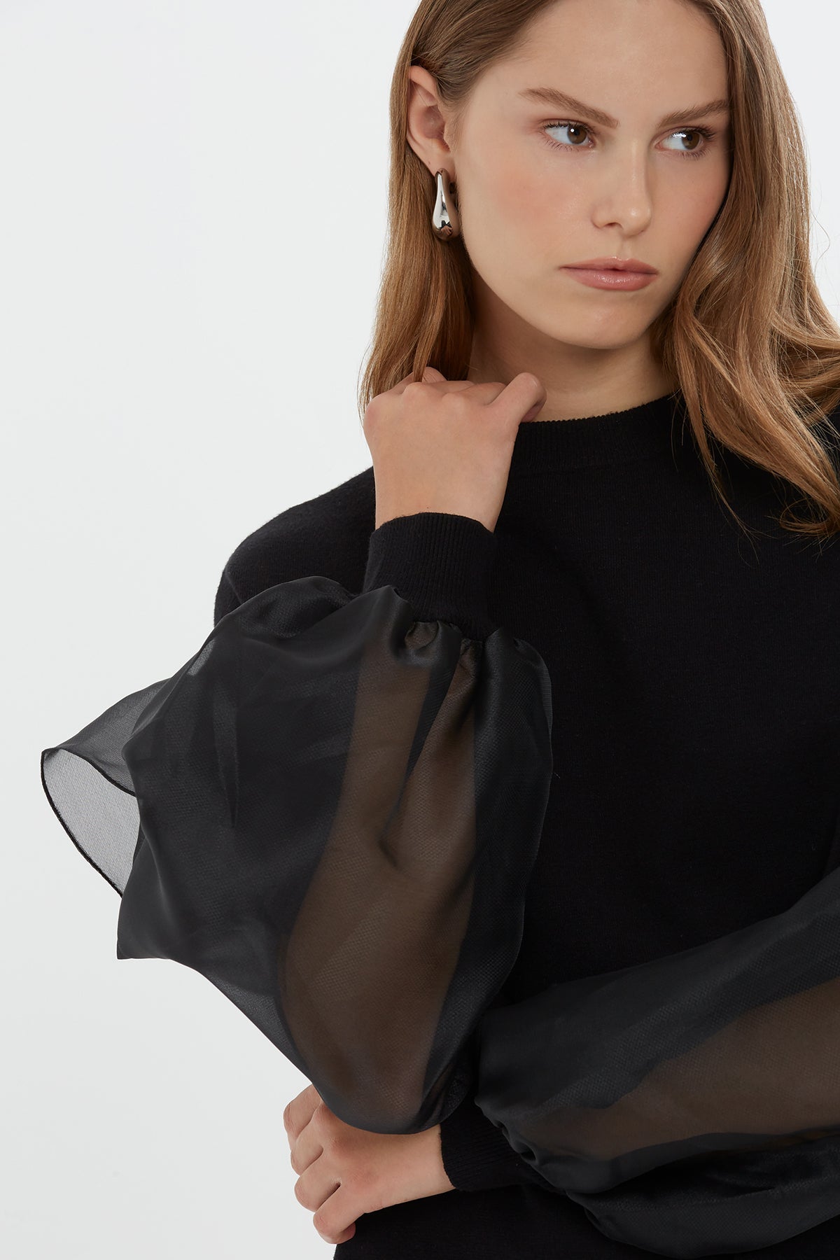 Black Organza Sleeve Knit Blouse