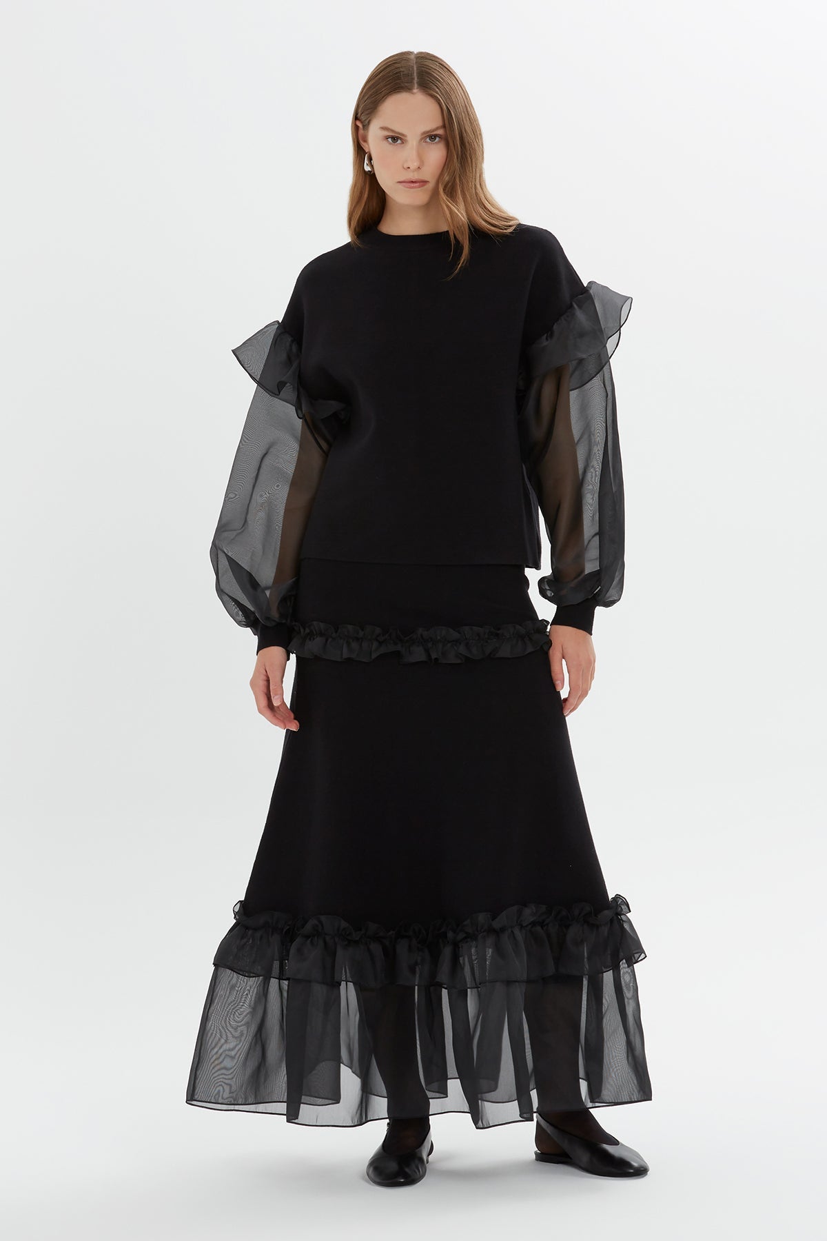Black Organza Sleeve Knit Blouse