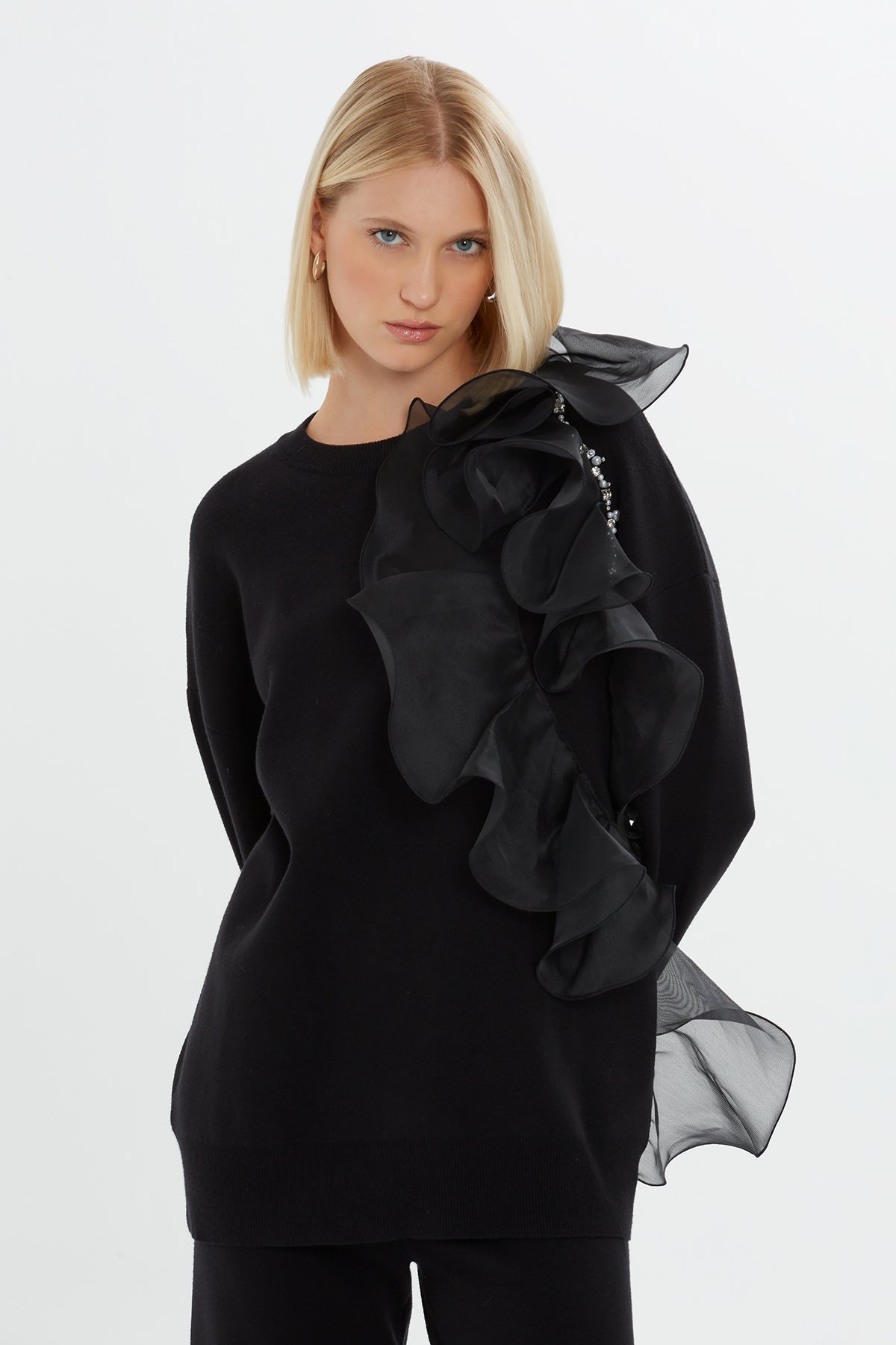 Black Ruffled Organza Sweater