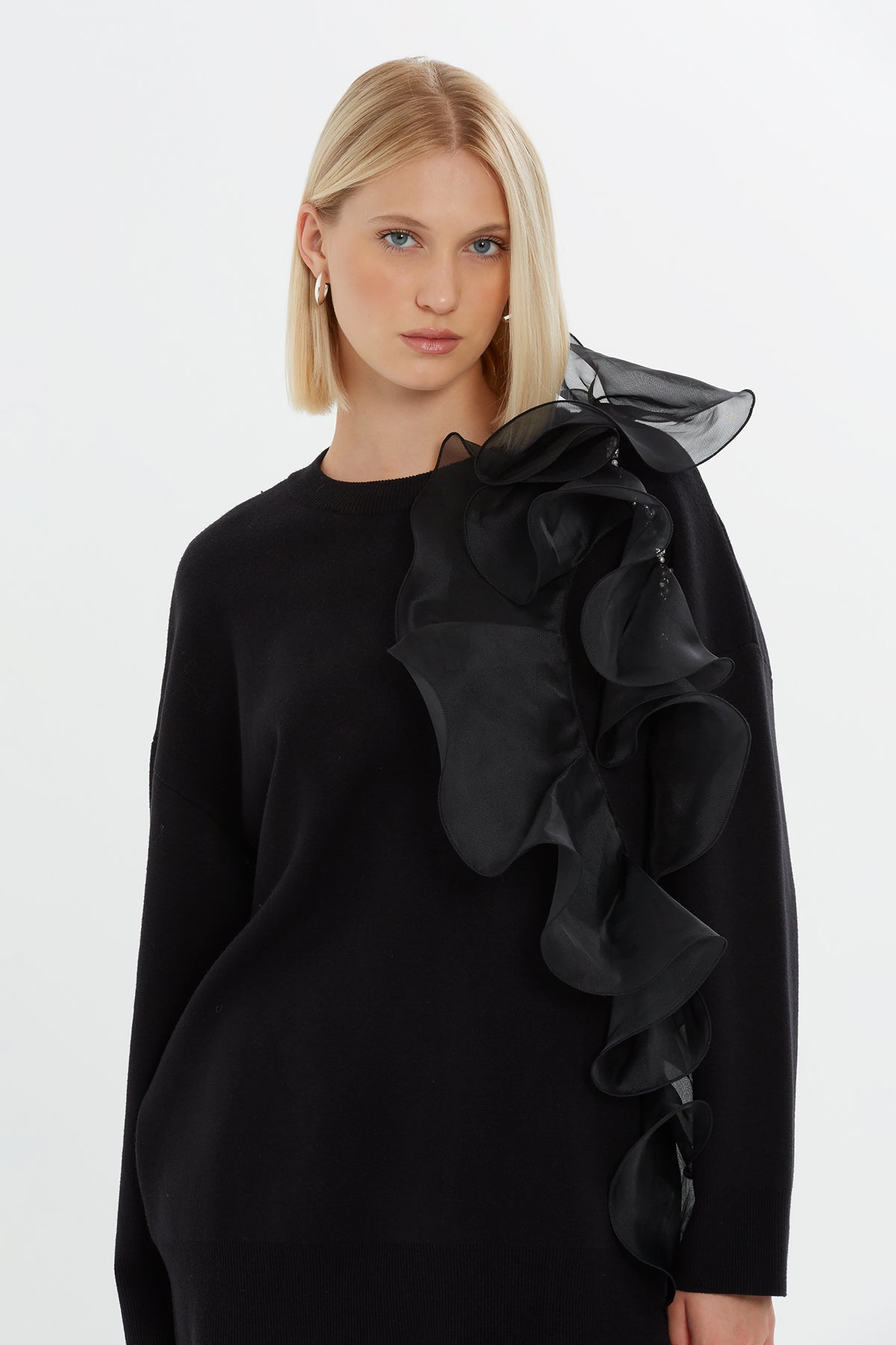 Black Ruffled Organza Sweater