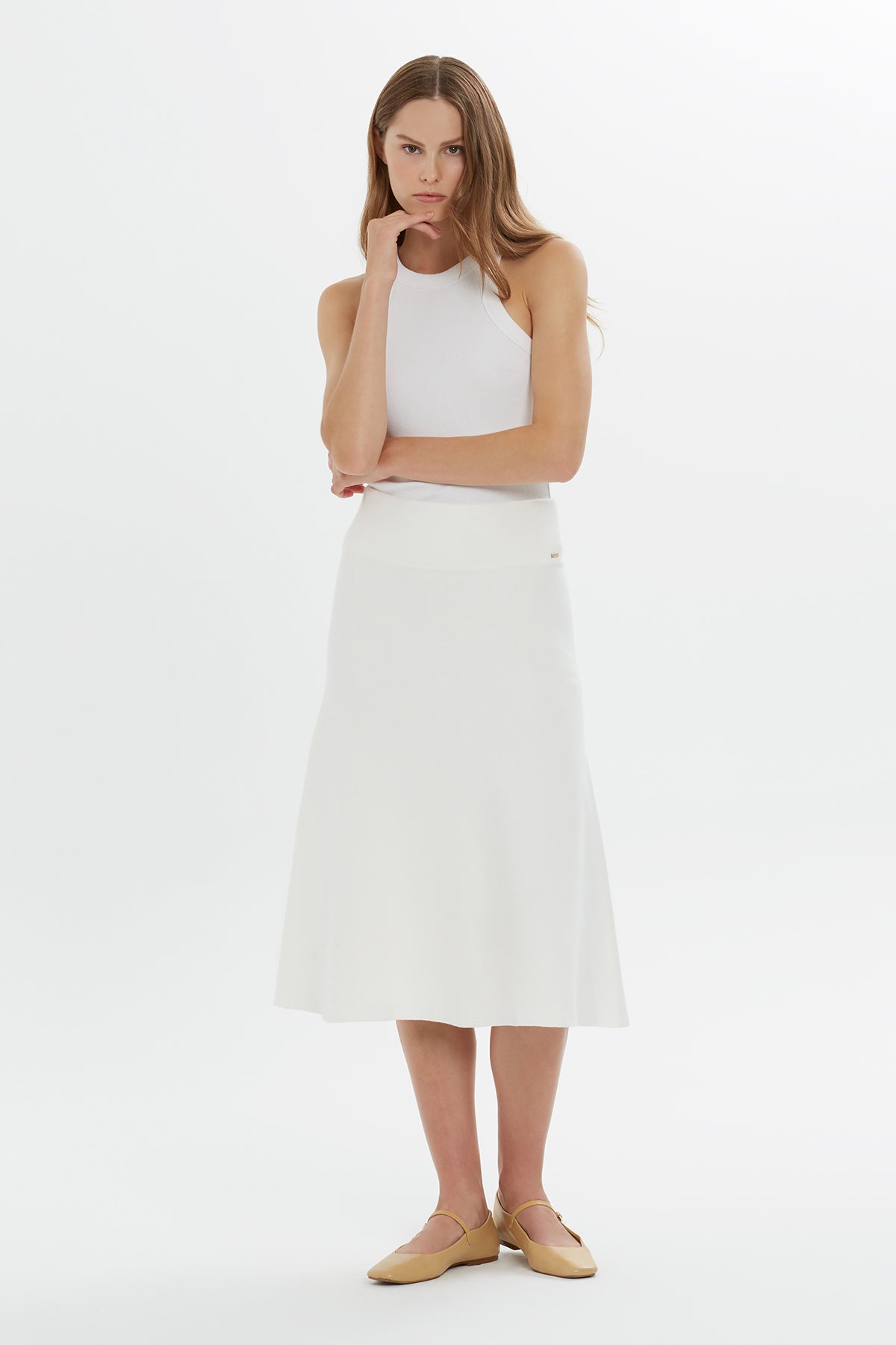 Ecru High-Waist Midi Skirt