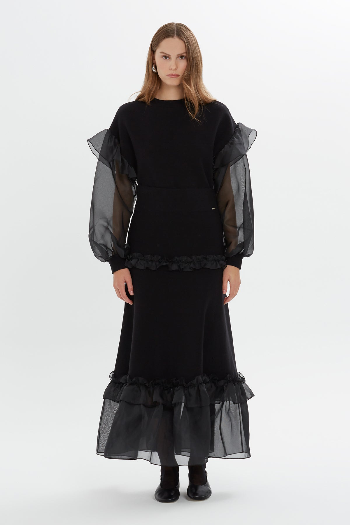 Black Ruffled Knit Maxi Skirt