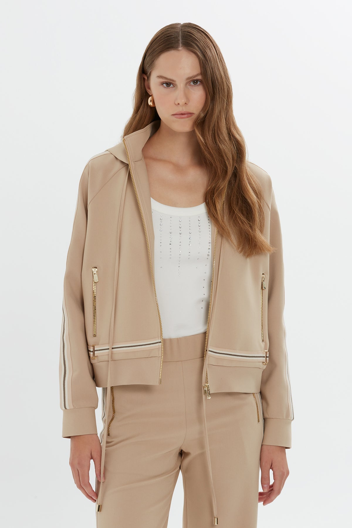 Beige Zip-Up Hooded Sweatshirt