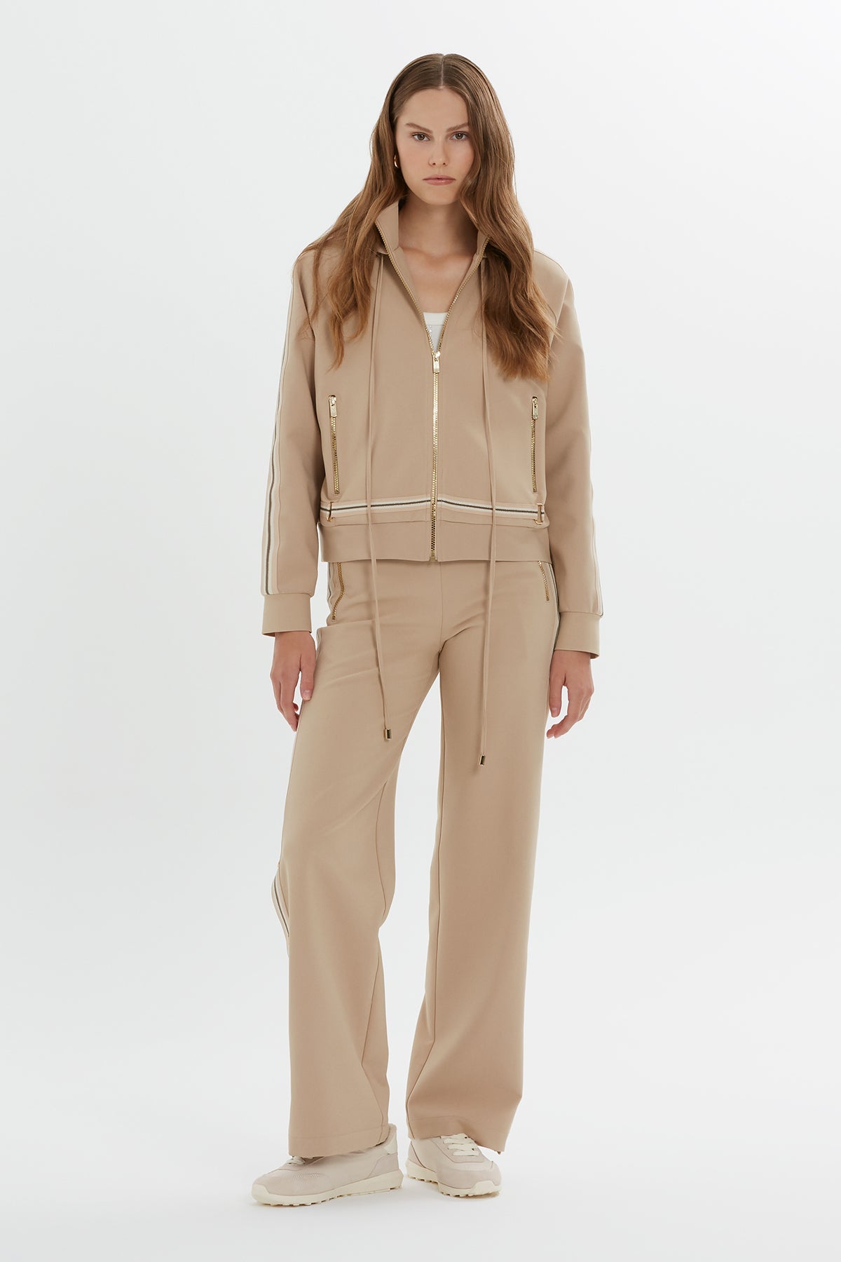 Beige Zip-Up Hooded Sweatshirt