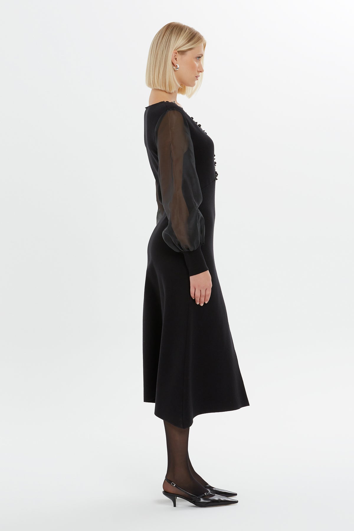 Black Embroidered-Collar Slit Midi Dress