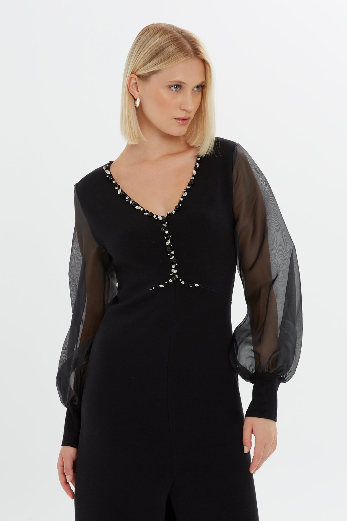 Black Embroidered-Collar Slit Midi Dress