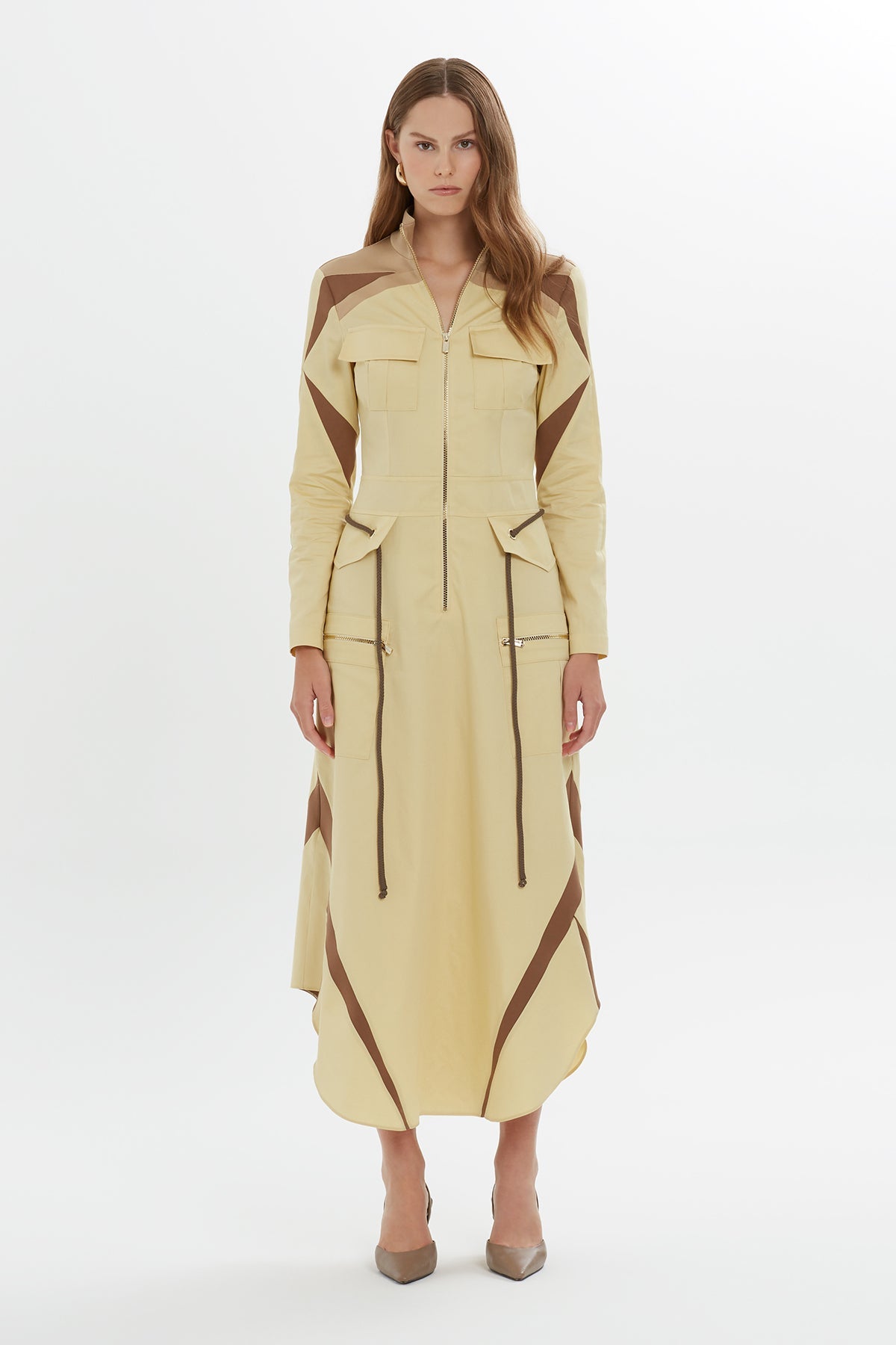 Ecru Drawstring-Detail Midi Dress