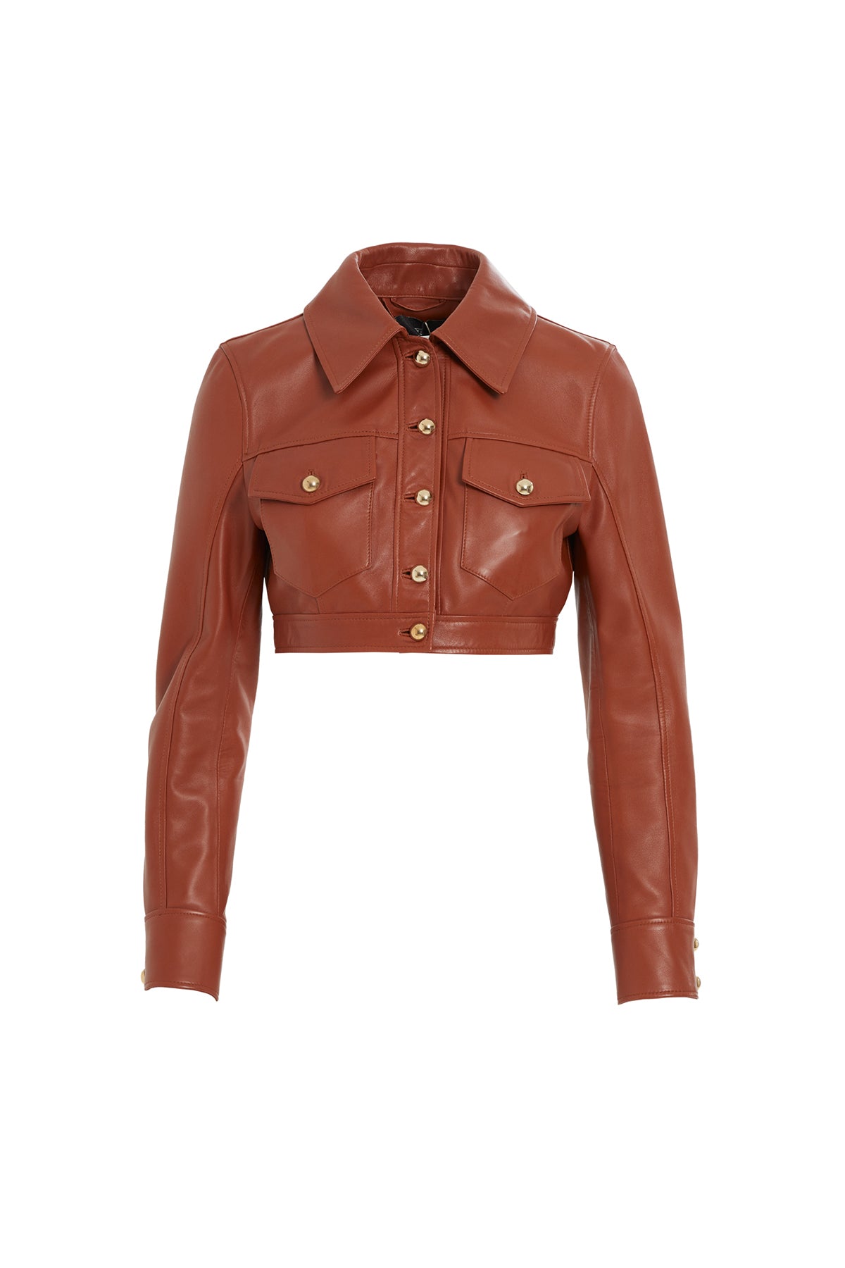 Red Button-Detail Cropped Leather Jacket