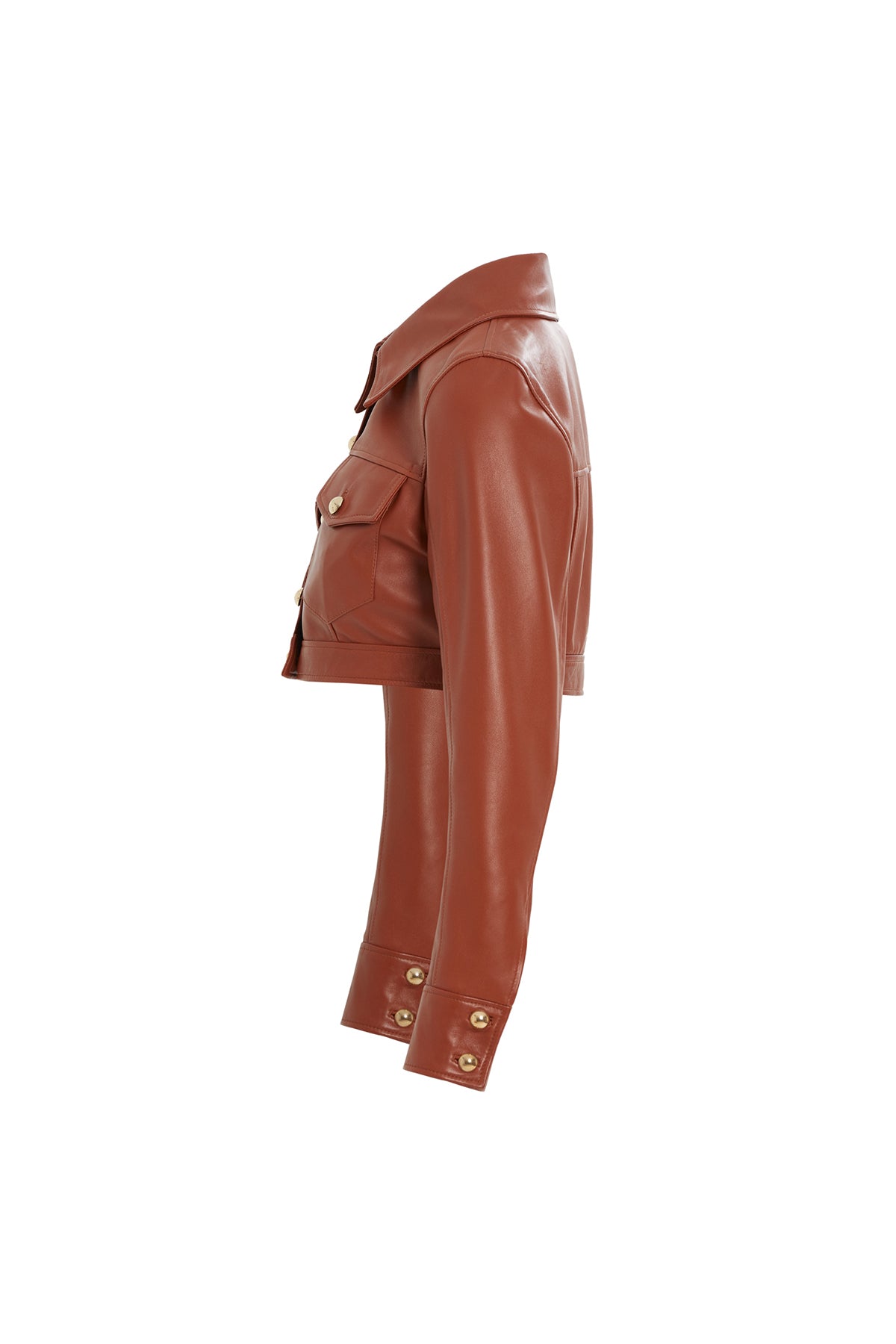 Red Button-Detail Cropped Leather Jacket