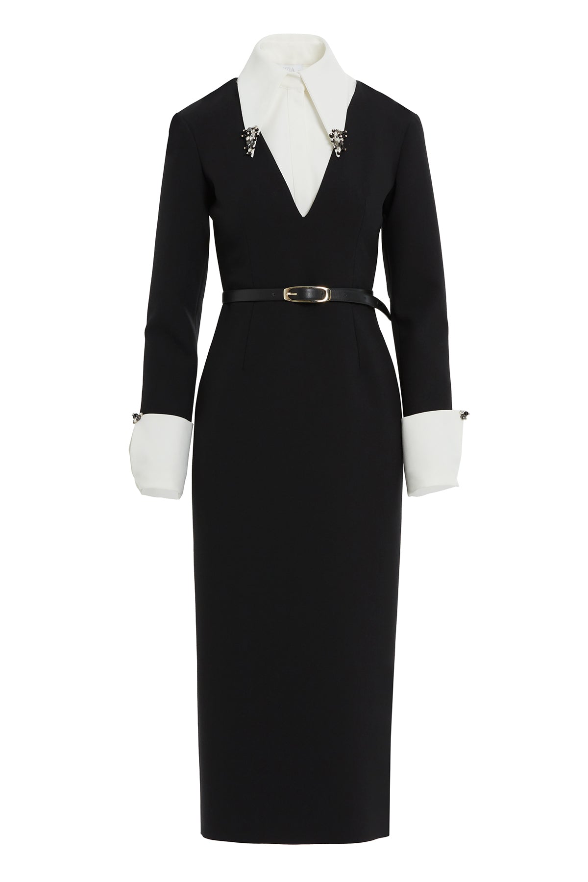 Black Embroidered-Collar Midi Dress