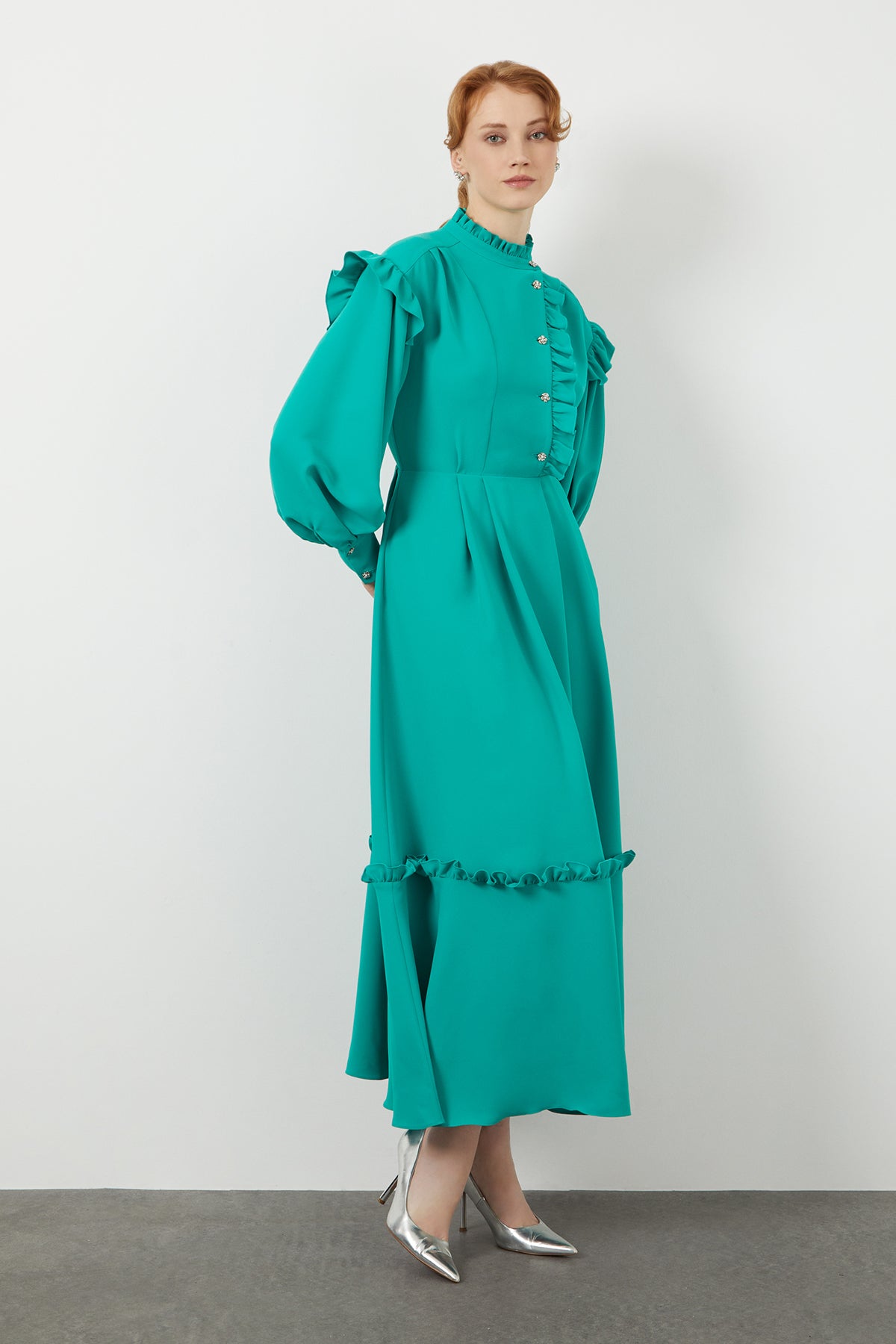Green Ruffle-Detail Midi Dress