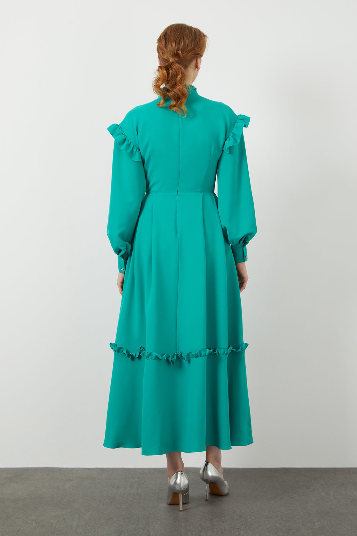 Green Ruffle-Detail Midi Dress