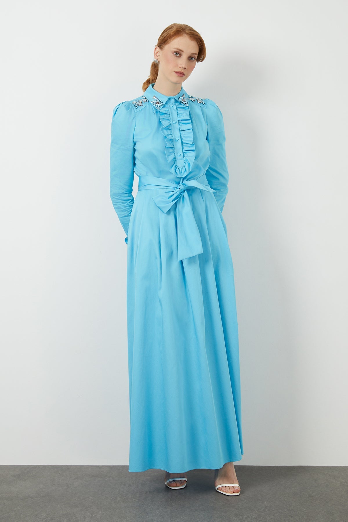 Blue Embroidered-Collar Maxi Dress
