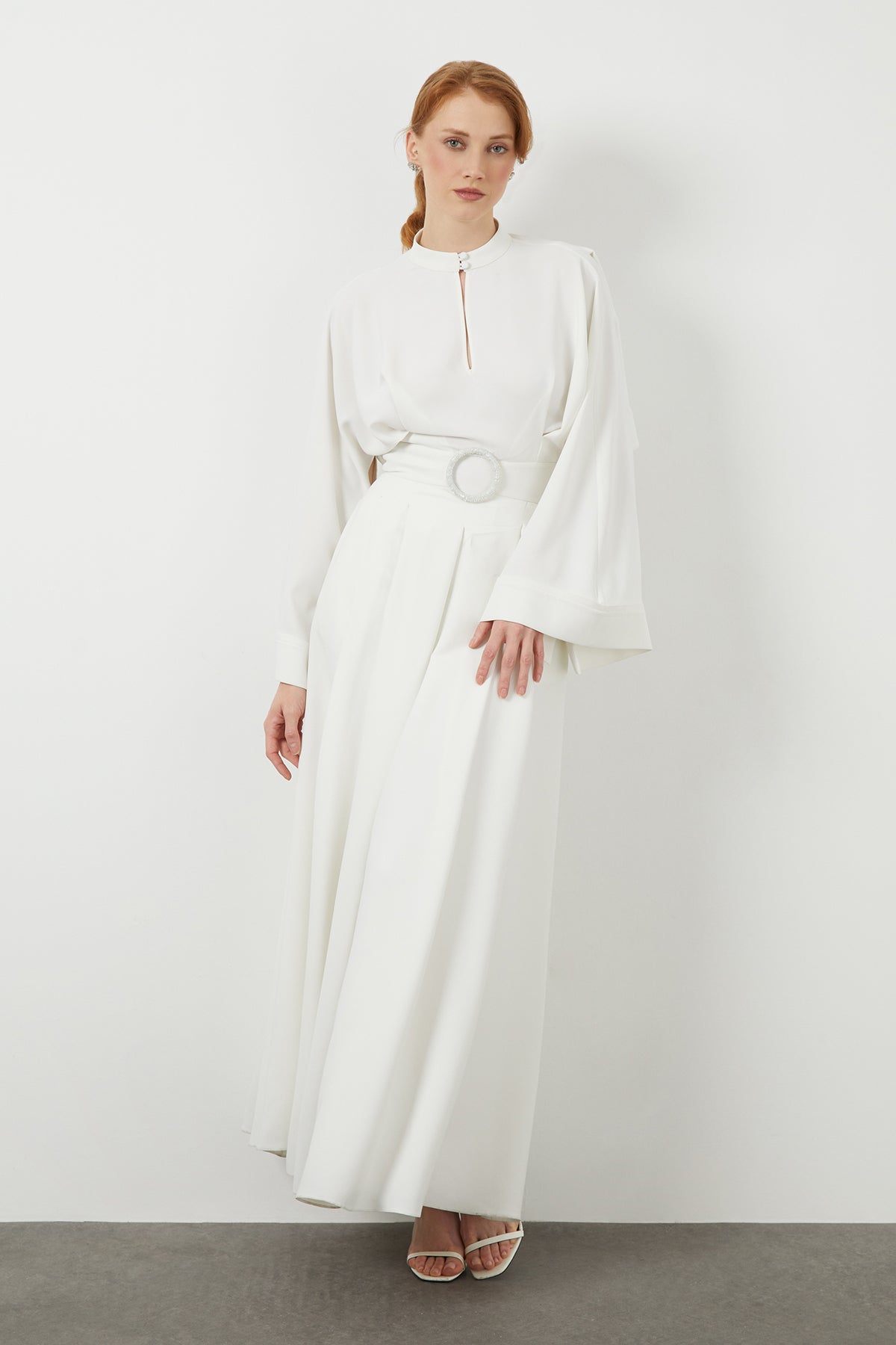 Ecru Belted Long-Sleeve Maxi Dress