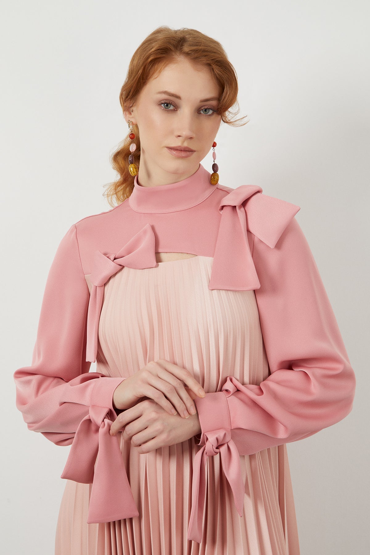 Pink Bow-Detail Pleated Midi Dress