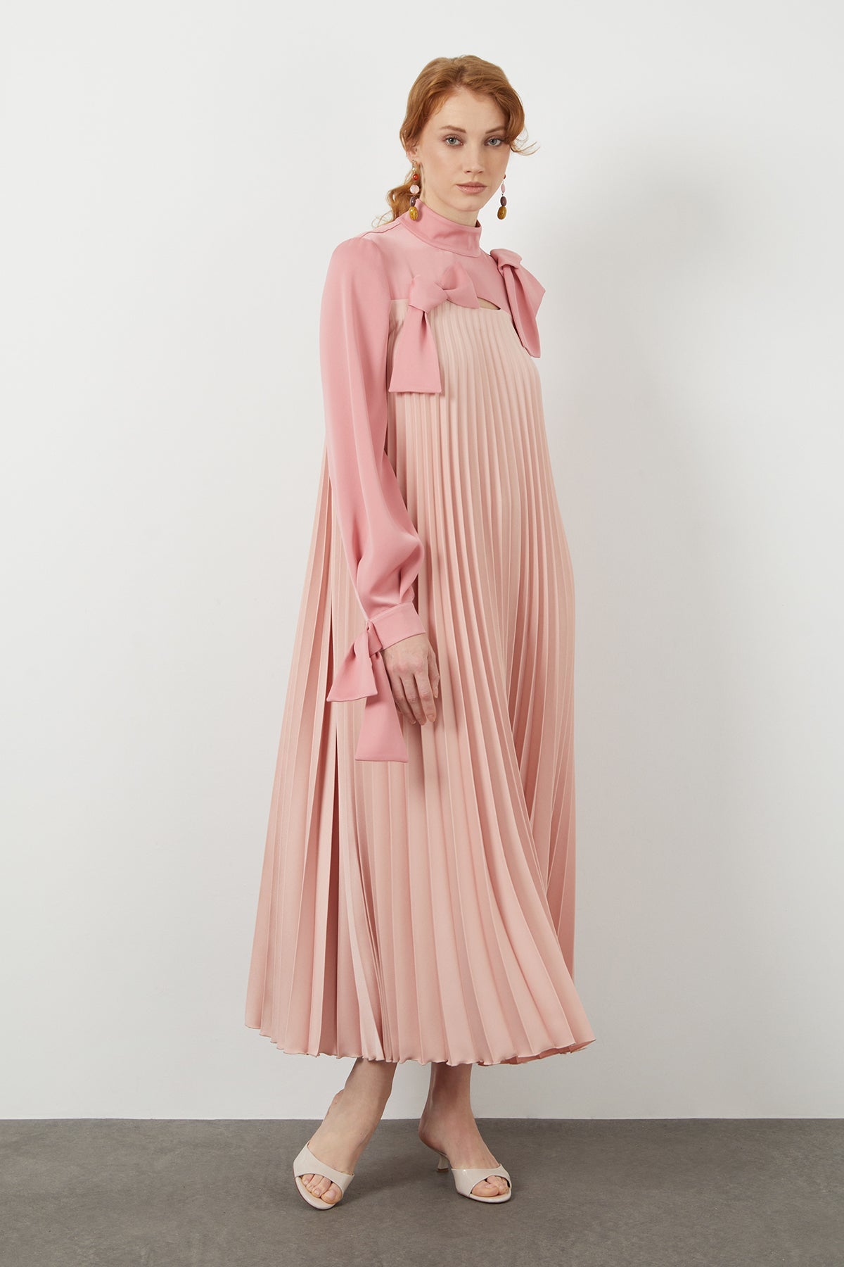 Pink Bow-Detail Pleated Midi Dress
